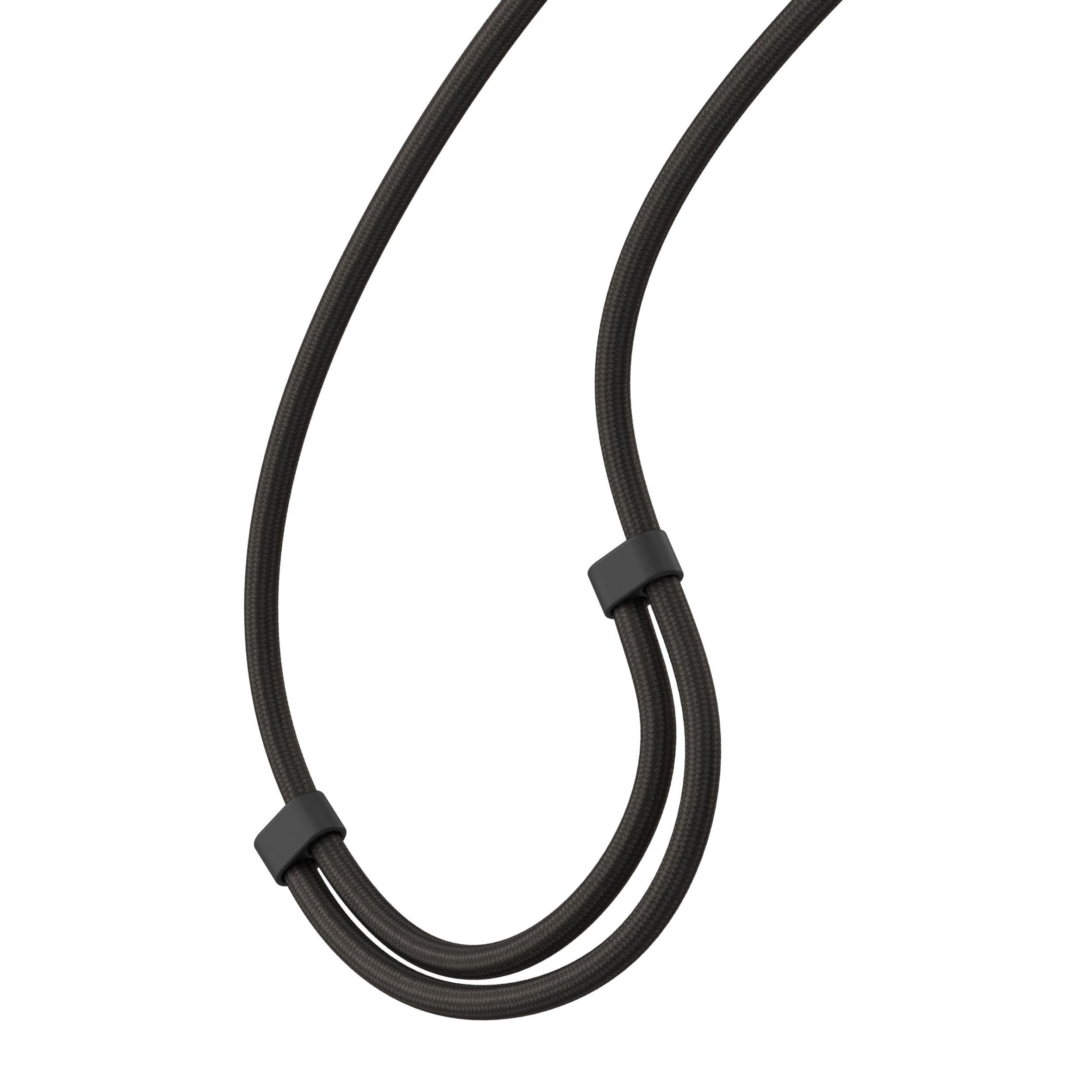 Nahaufnahme eines schwarzen Nackenriemens mit zwei schwarzen, verstellbaren Clips.