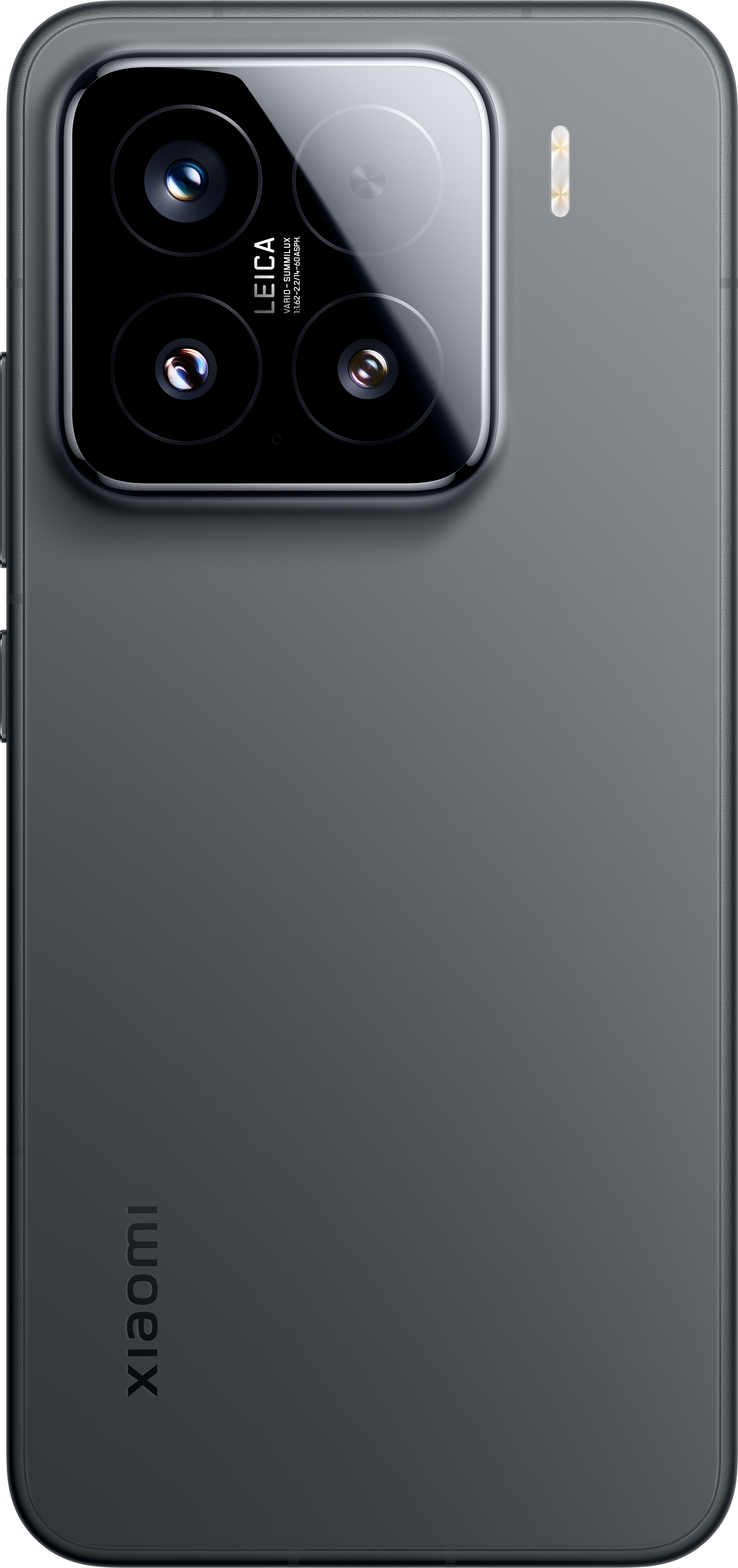 Szürke Xiaomi telefon hátlap. Leica kamera tömb felül, Xiaomi logó alul. Vaku és gombok jobb oldalon.