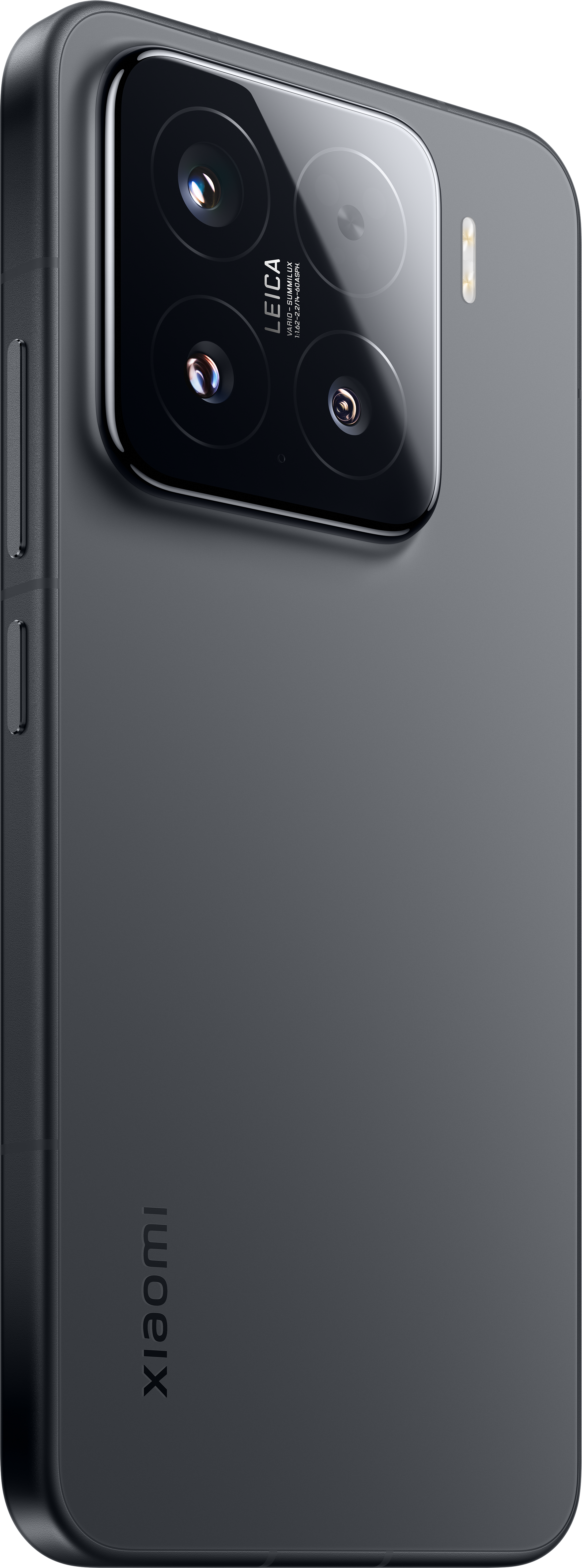 Fekete okostelefon Leica kamerarendszerrel. Xiaomi logó alul. A háttér szürke.