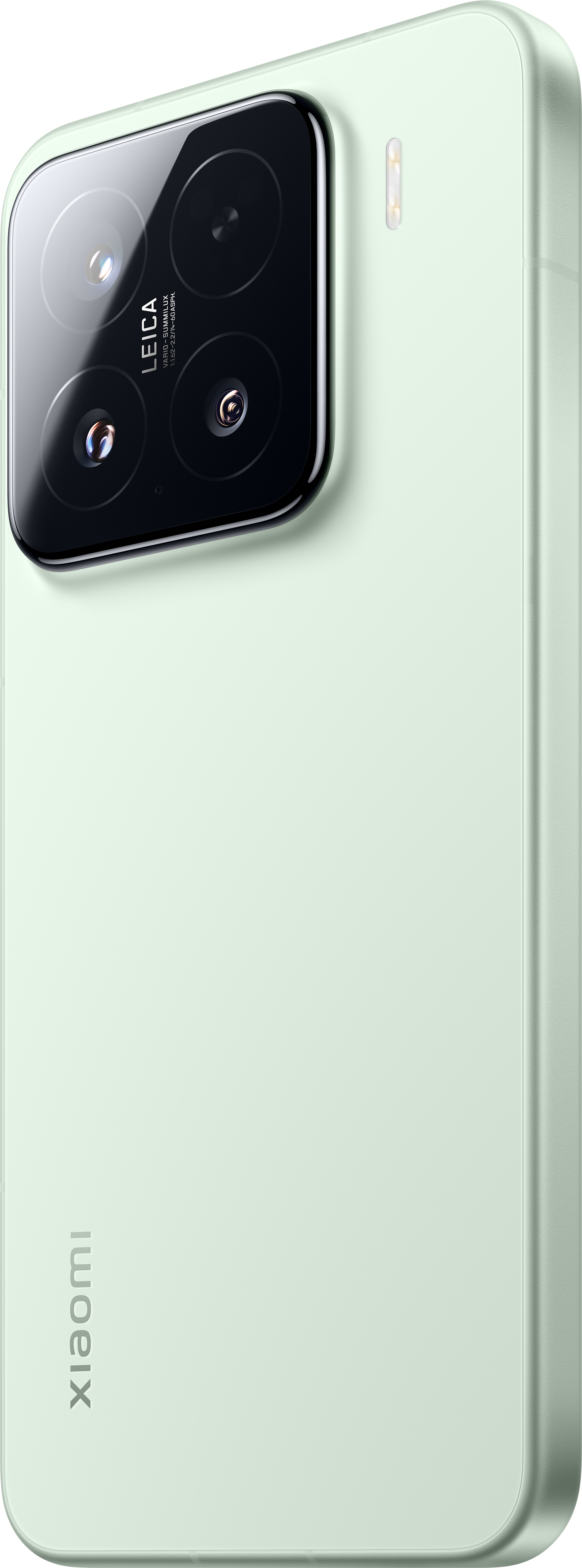 Világoszöld okostelefon Leica kamerával, oldalsó nézet. Xiaomi logó alul.