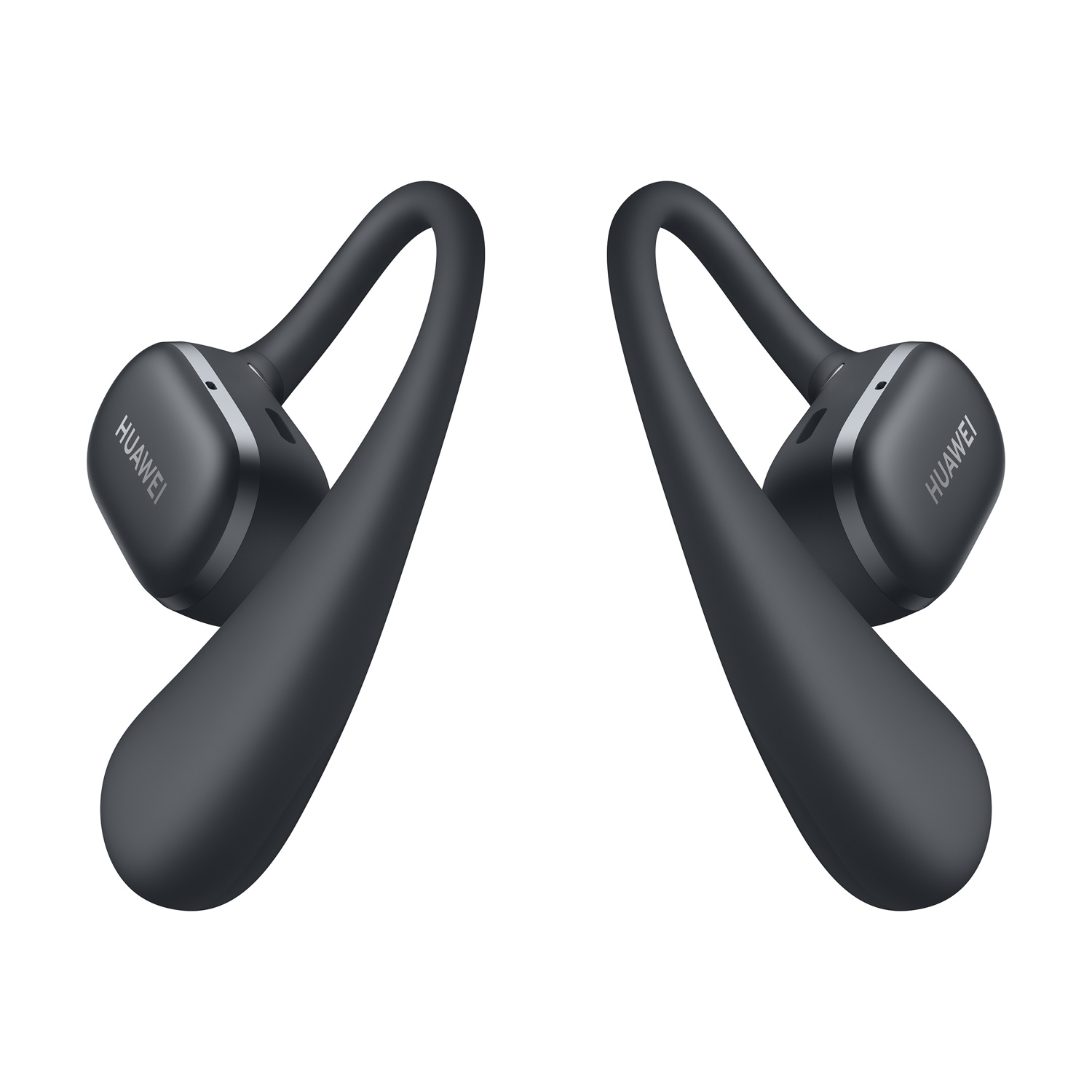 Coppia di auricolari wireless neri con ganci curvi, la parola HUAWEI sui lati, sfondo bianco.