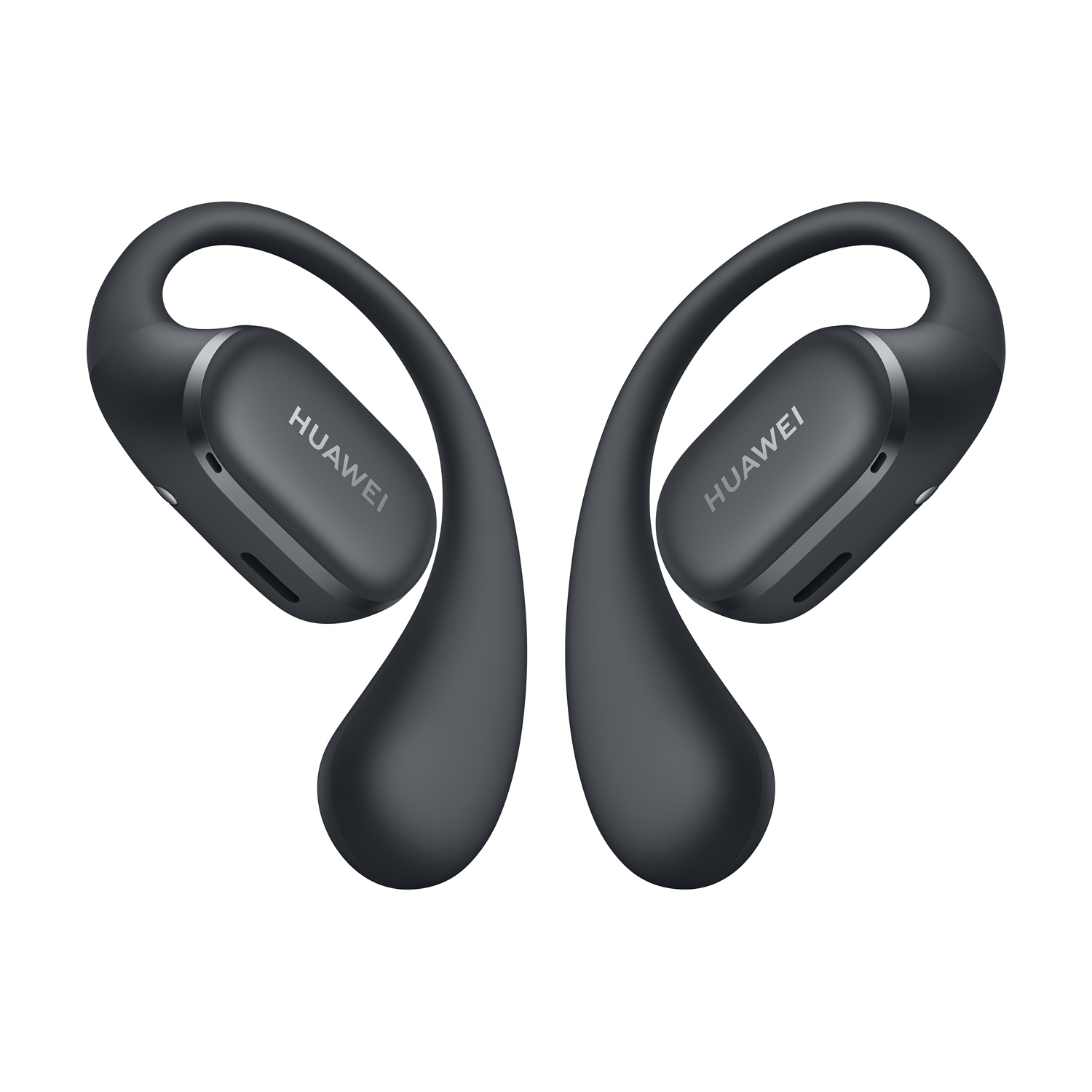 Due auricolari Huawei neri. Sono curvi e hanno il logo 'Huawei'.