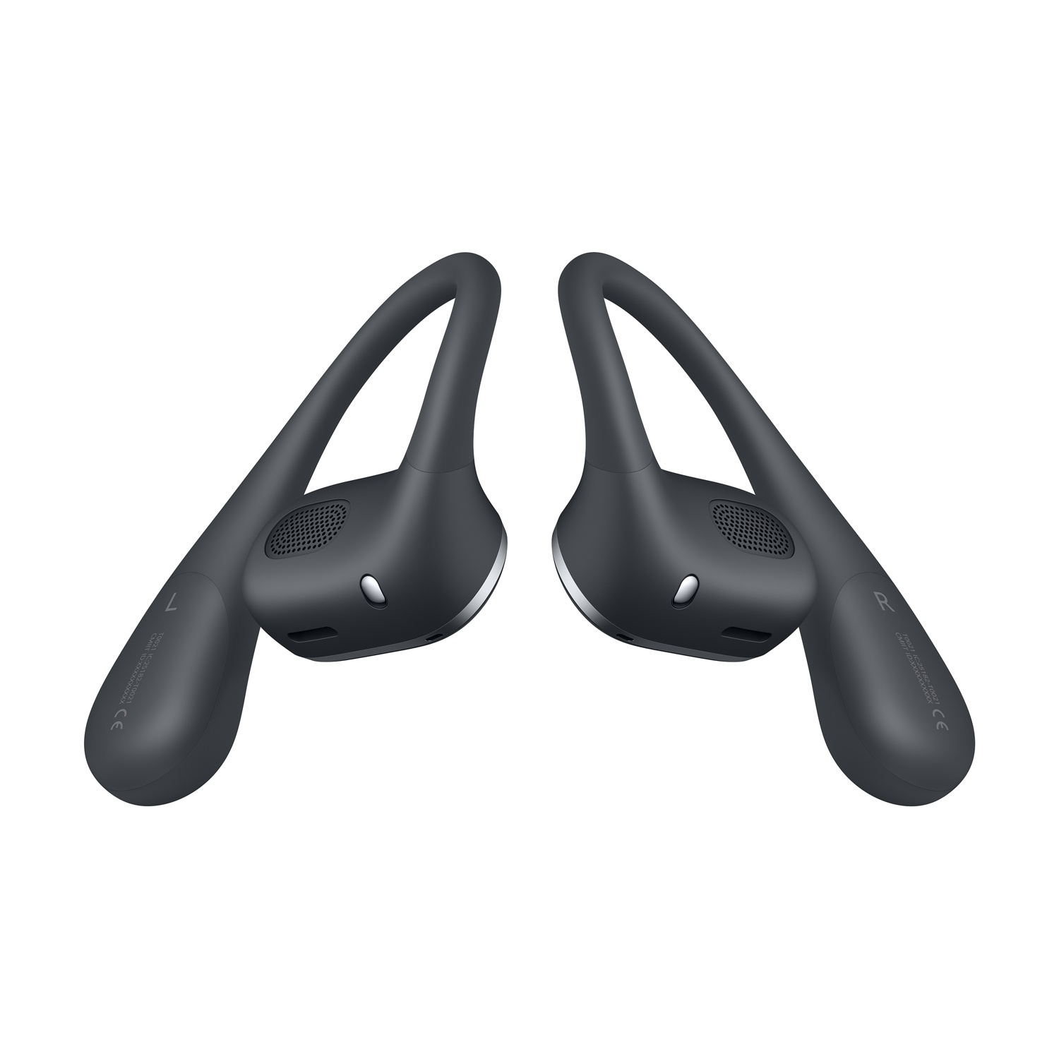 Due auricolari wireless grigio scuro, con un design unico, su sfondo bianco.