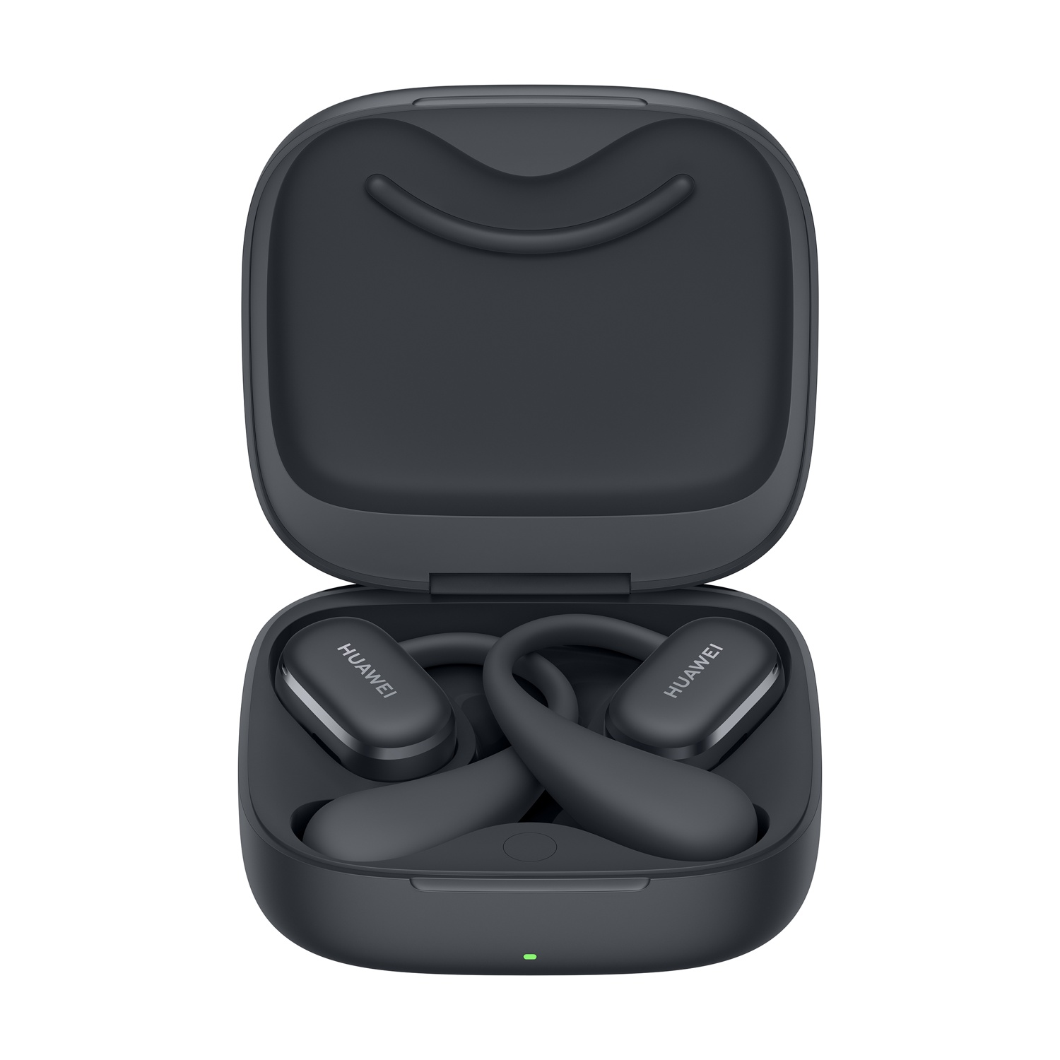 Auricolari Huawei neri nella loro custodia di ricarica. La custodia è aperta, mostrando gli auricolari.