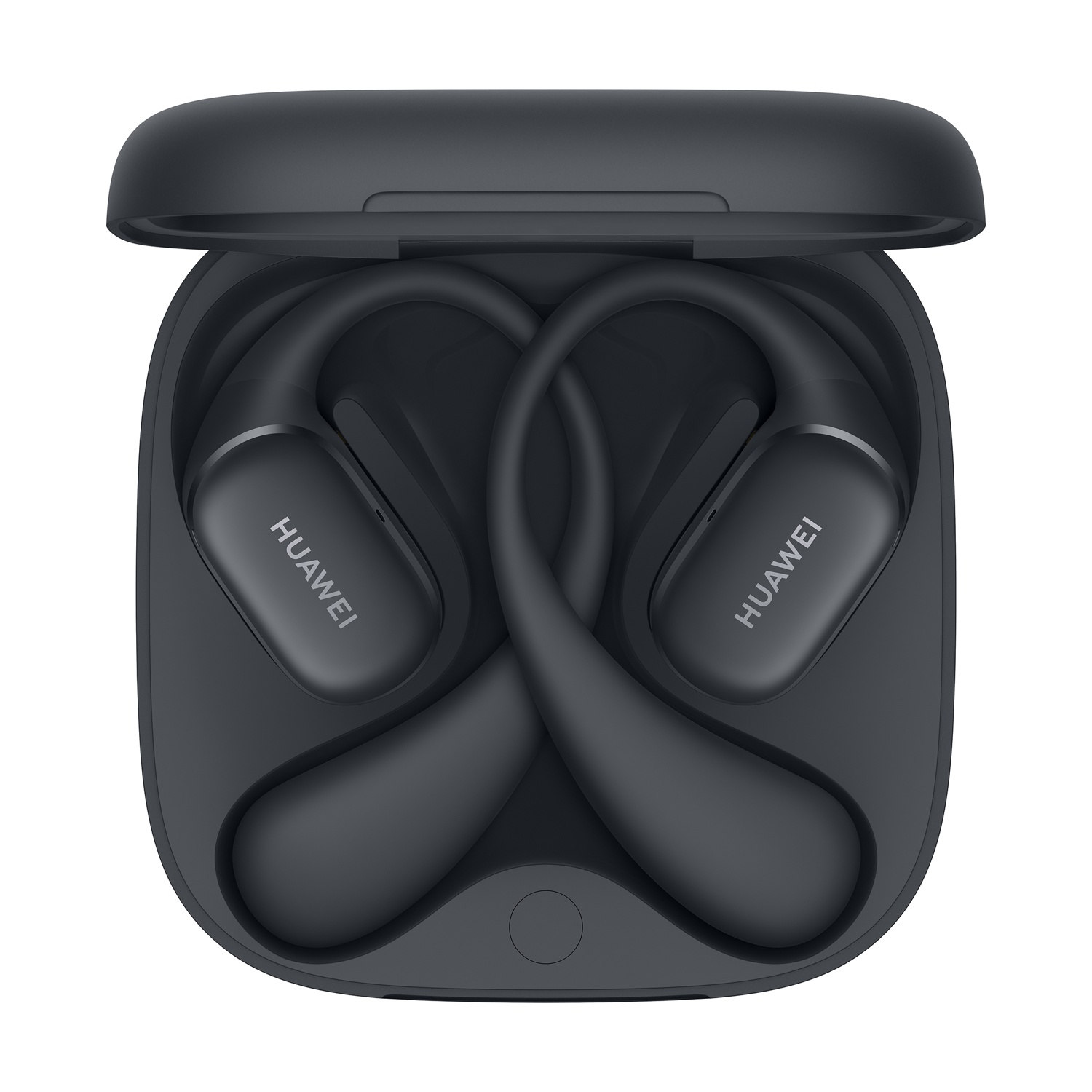 Due auricolari wireless neri in una custodia di ricarica. Gli auricolari sono sagomati per le orecchie.