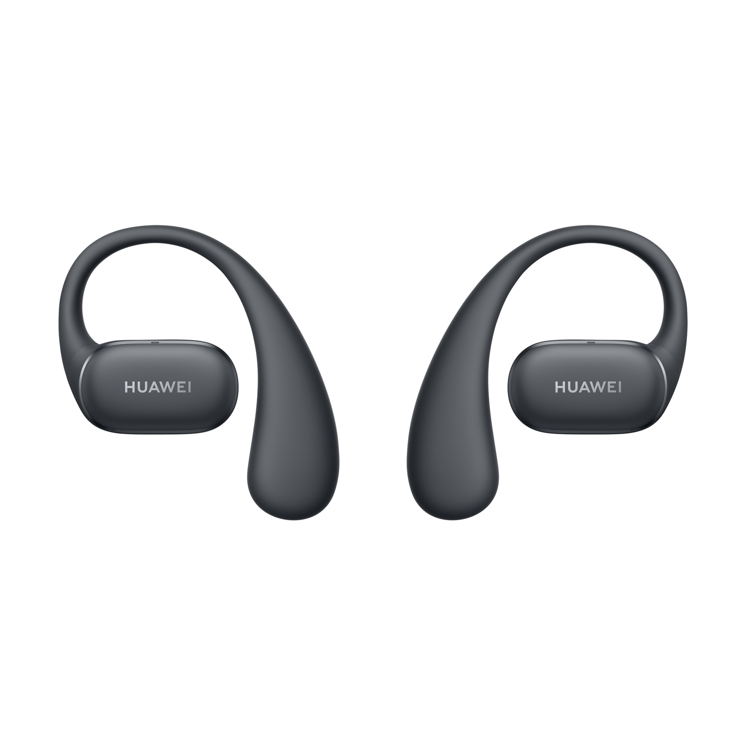 Auricolari Huawei neri e grigi, design a orecchio aperto, su sfondo bianco.