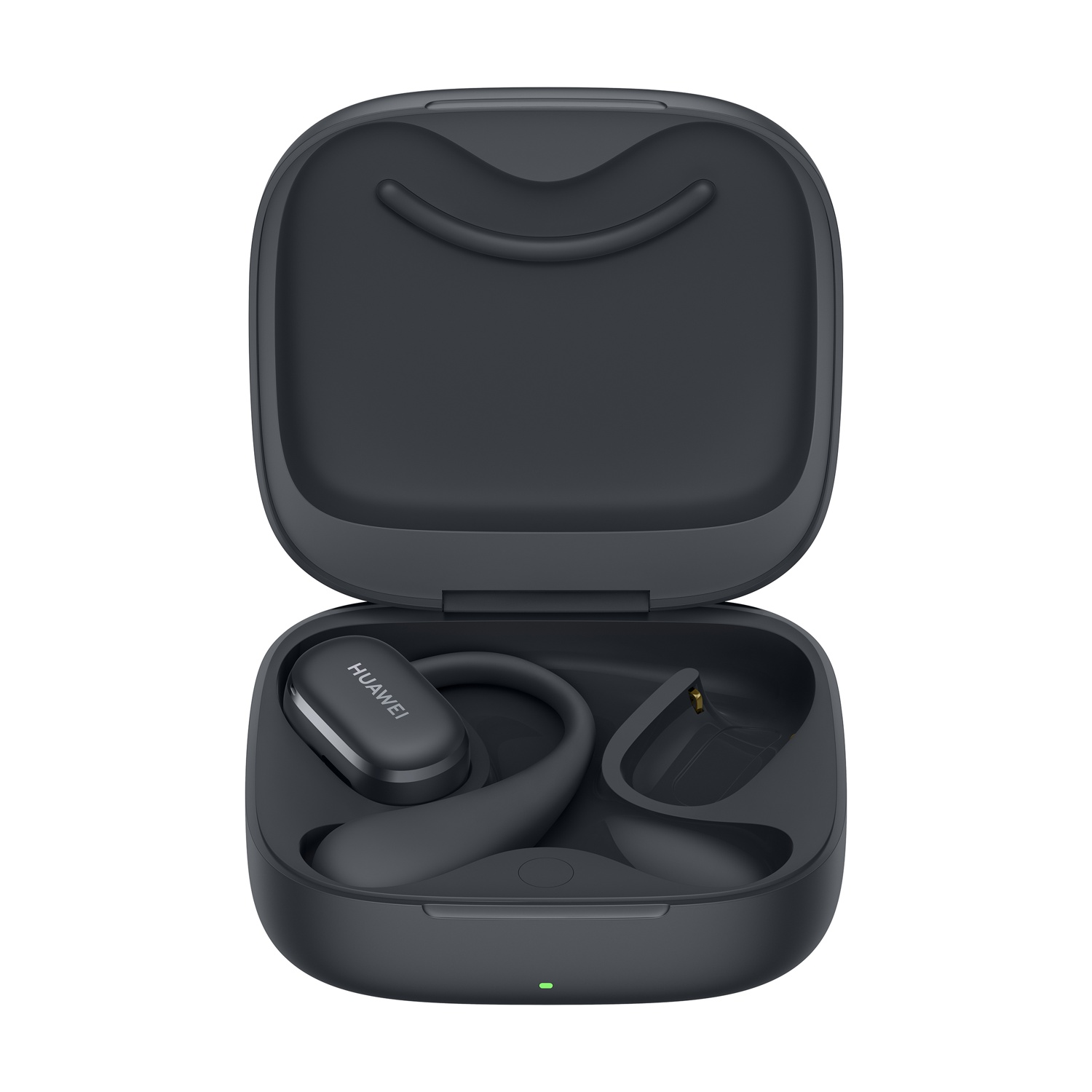 Un astuccio di ricarica nero che contiene un paio di auricolari Huawei grigi. L'astuccio è aperto. Lo sfondo è bianco.