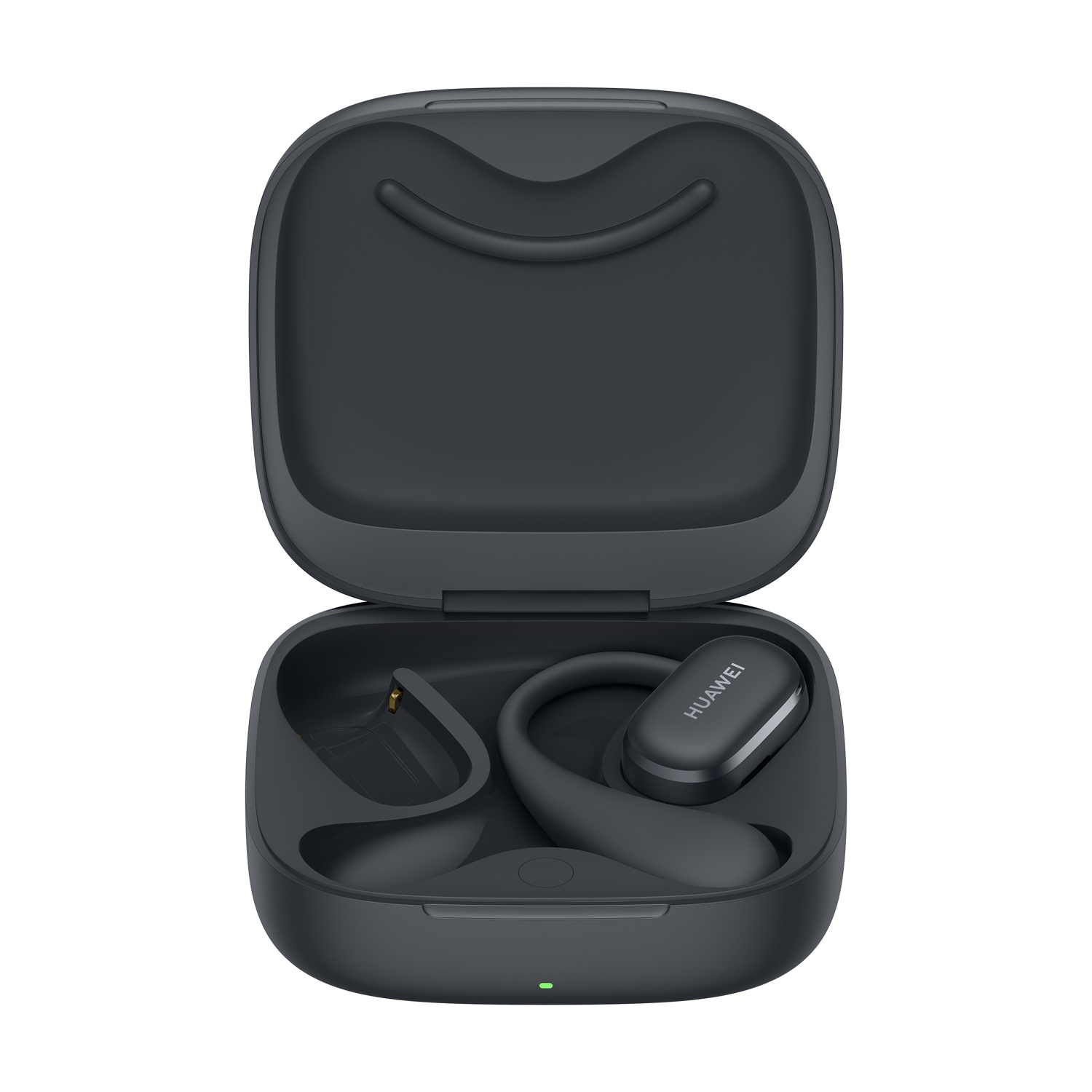 Auricolari Huawei neri in una custodia di ricarica. La custodia è aperta.