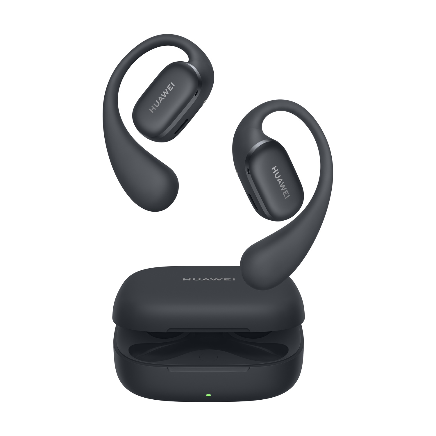 Auricolari Huawei neri e custodia di ricarica. Auricolari con gancio. Sfondo bianco.