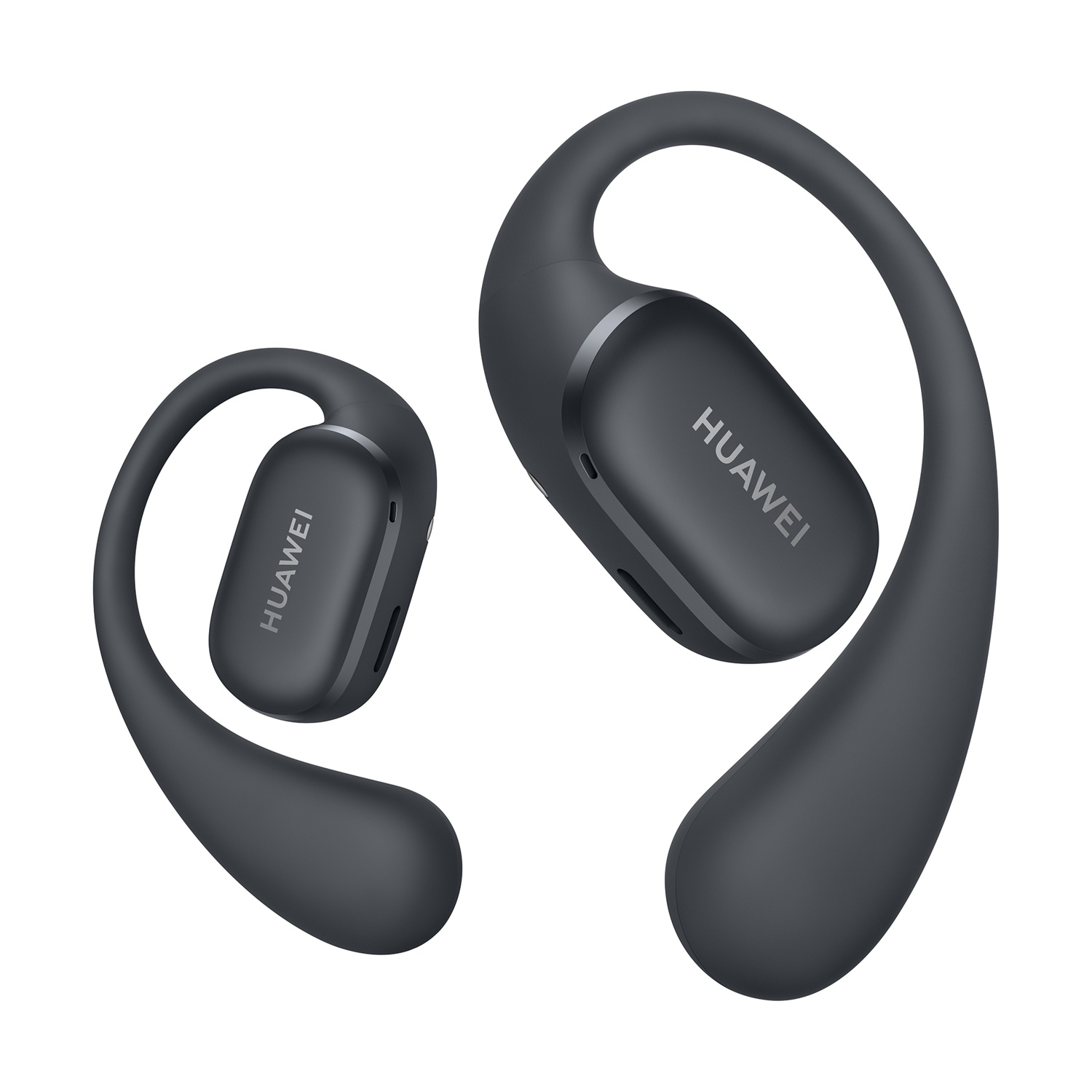 Auricolari wireless neri e grigi con un design curvo. La parola Huawei è mostrata.
