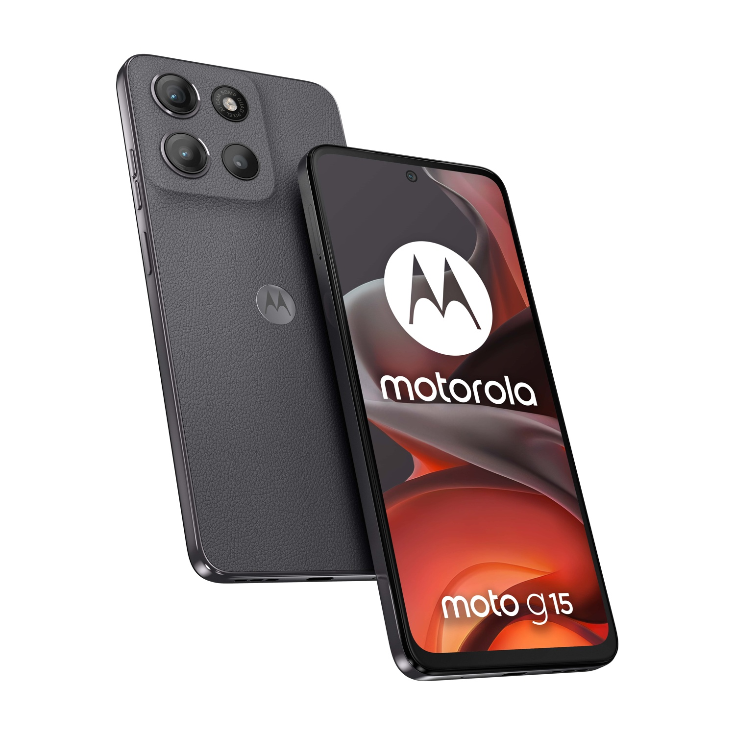 Telefono Motorola Moto G15, viste posteriore e anteriore, nero, su sfondo bianco.