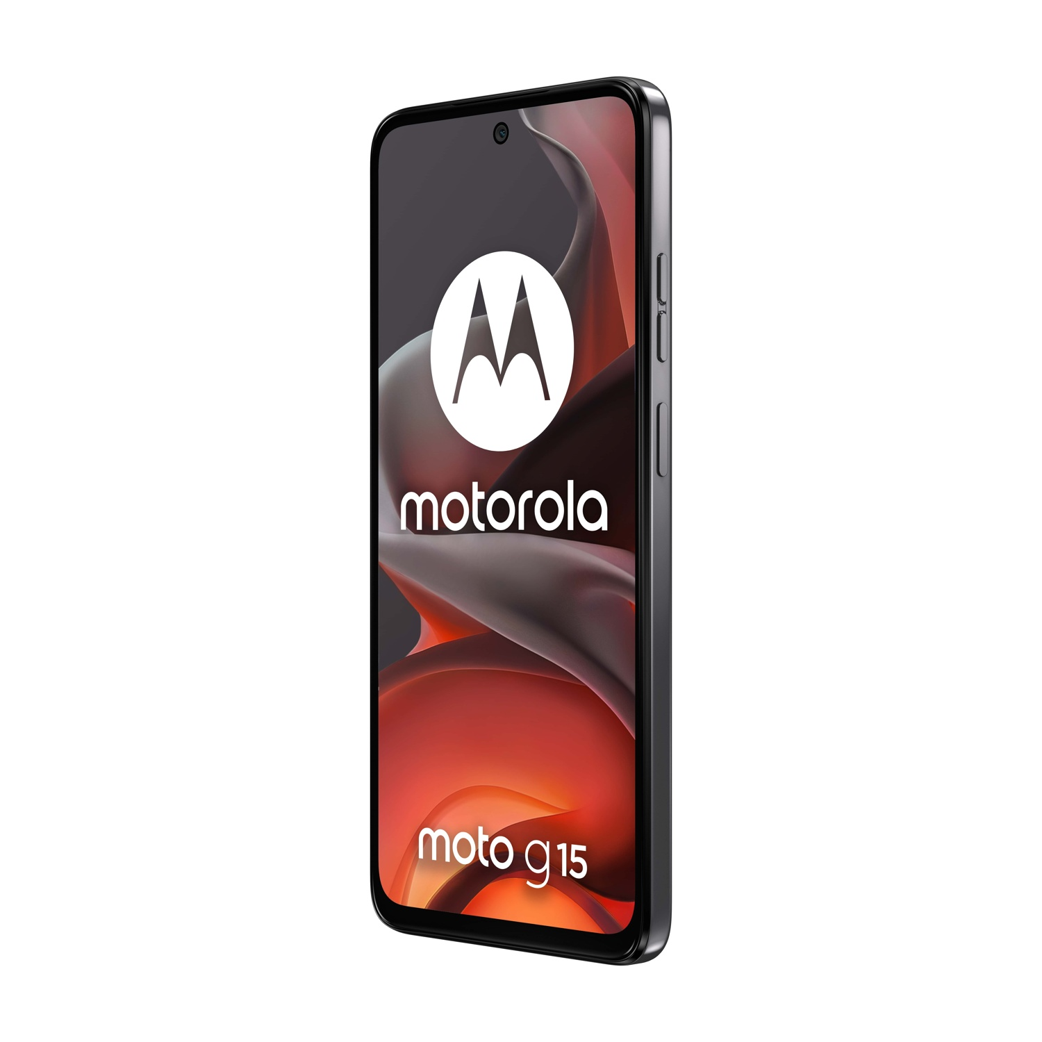 Uno smartphone Motorola Moto g15 nero con un grande logo Motorola bianco.