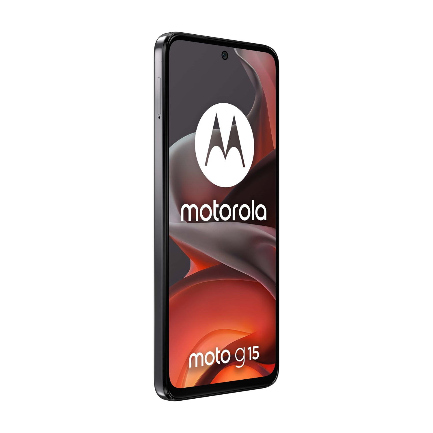 Telefono Motorola Moto G15, cornice nera, schermo mostra logo e sfondo rosso.