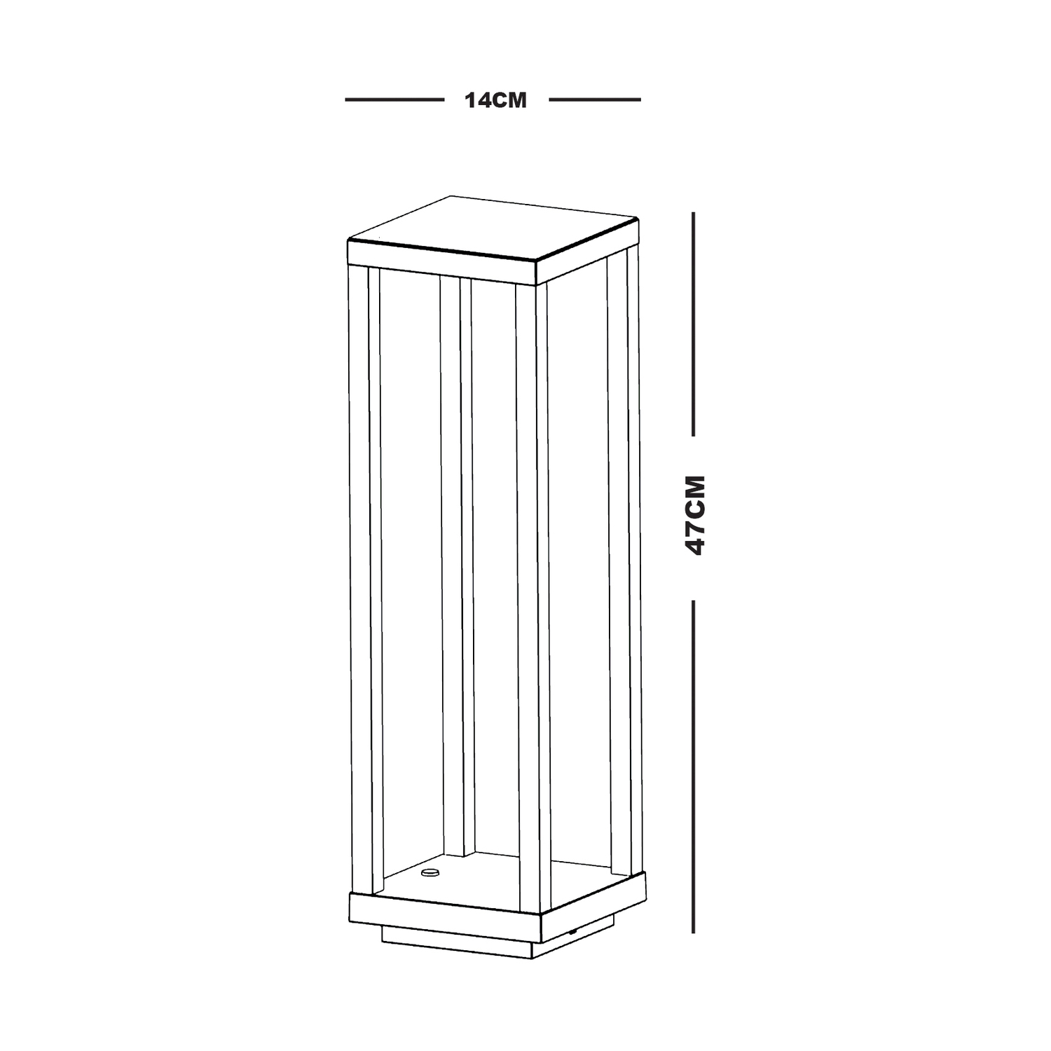 Disegno a linea di una lampada alta e rettangolare con dimensioni. La lampada è trasparente con base quadrata.