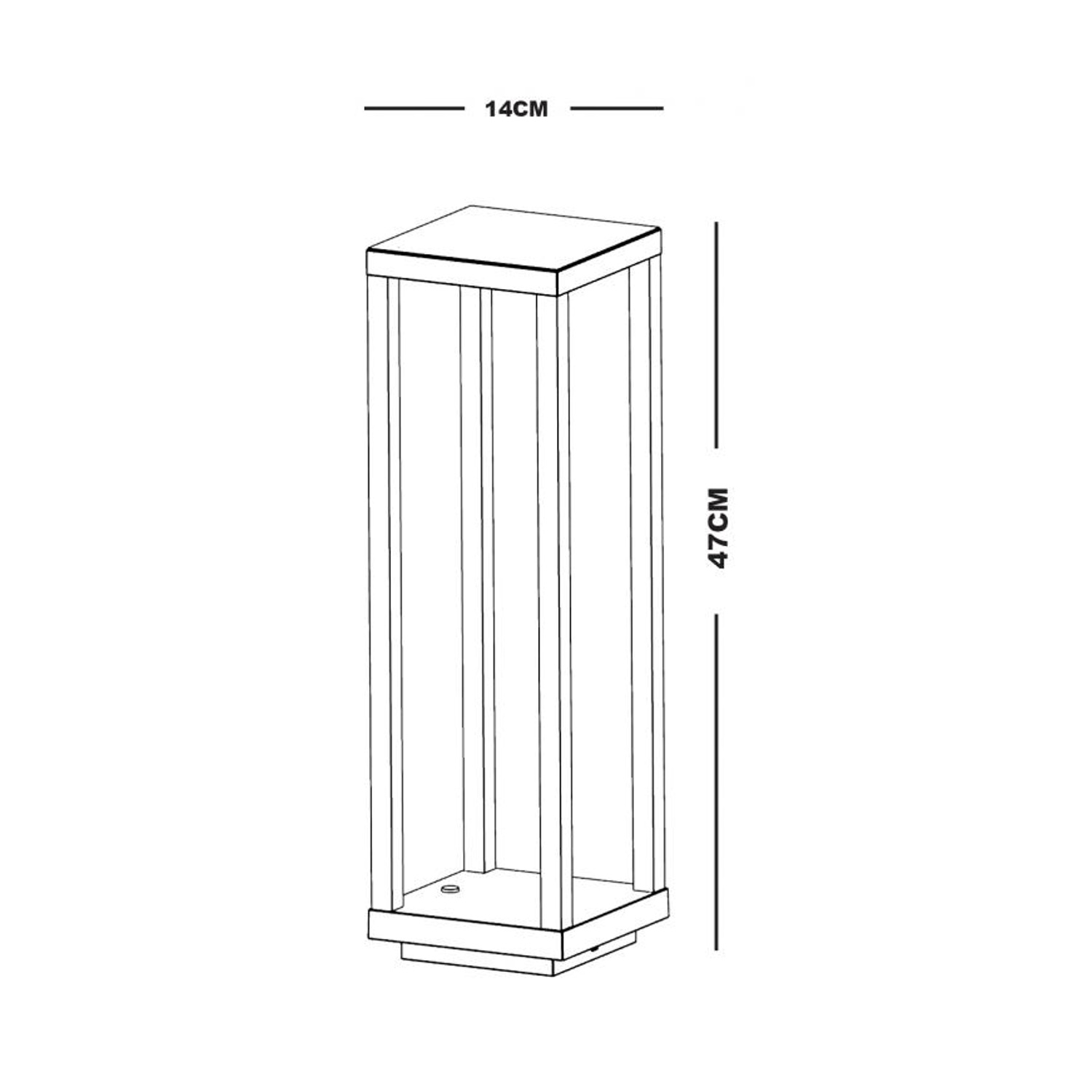 Disegno architettonico di una lampada rettangolare alta. Dimensioni: 14 cm di larghezza, 47 cm di altezza. Linee rette.
