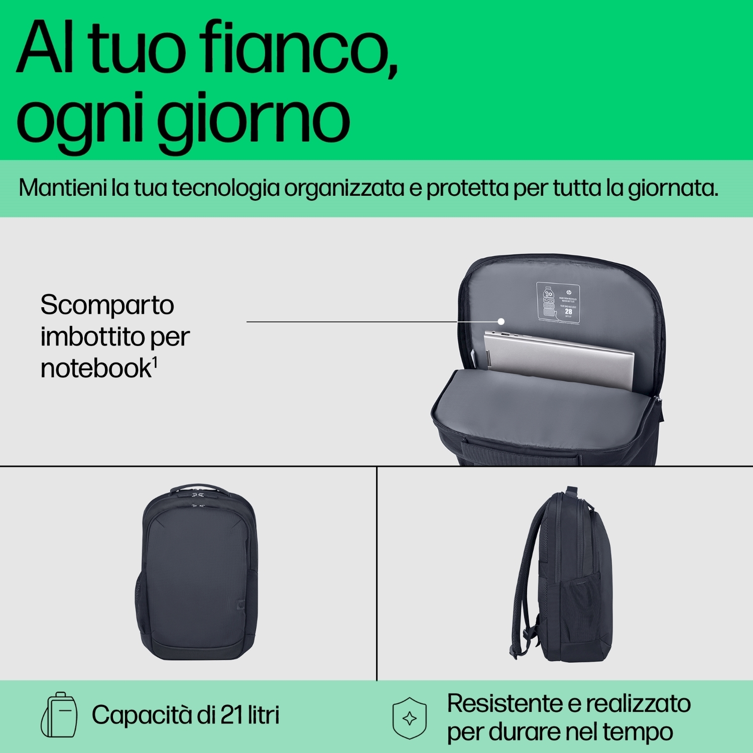Zaino nero con testo e immagini. Testo: Scomparto imbottito per notebook, Capacità di 21 litri.