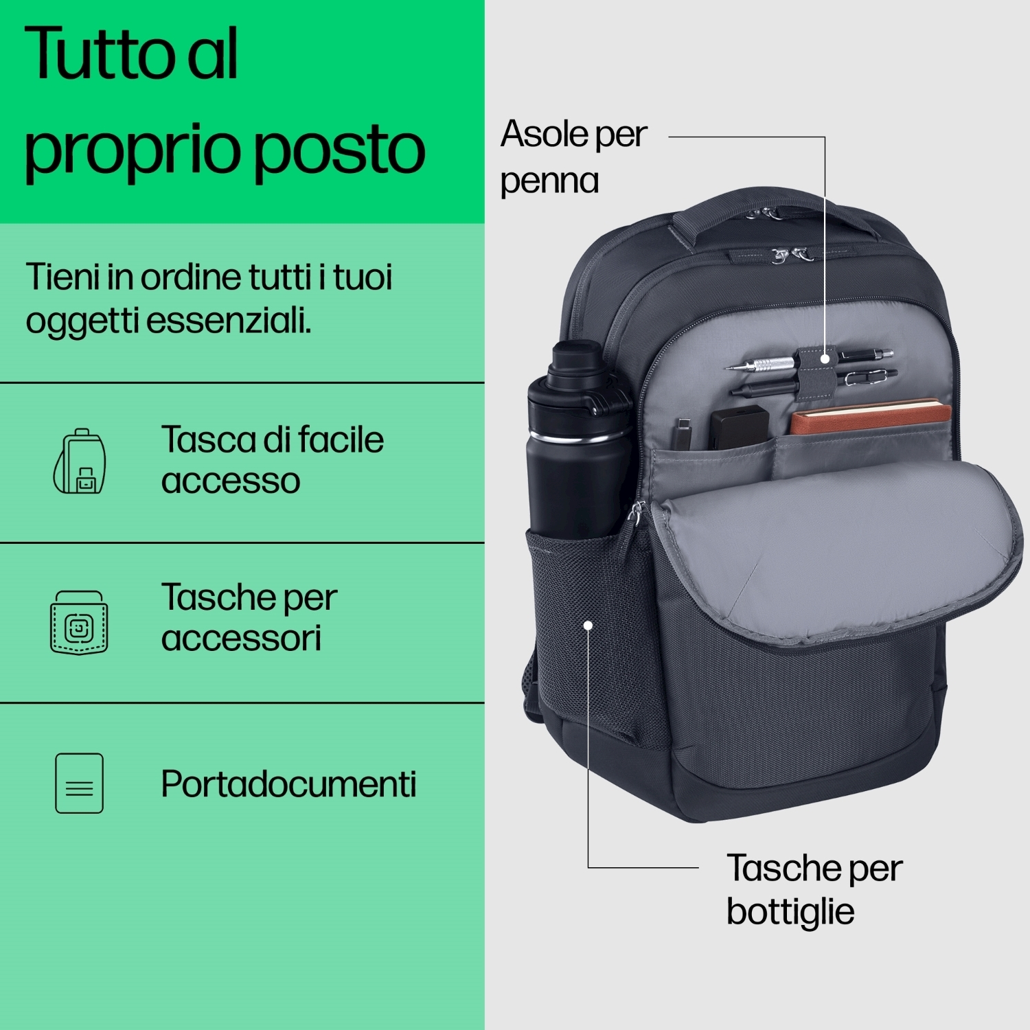 Uno zaino con patta aperta che mostra i compartimenti, con testo e icone a sinistra.
