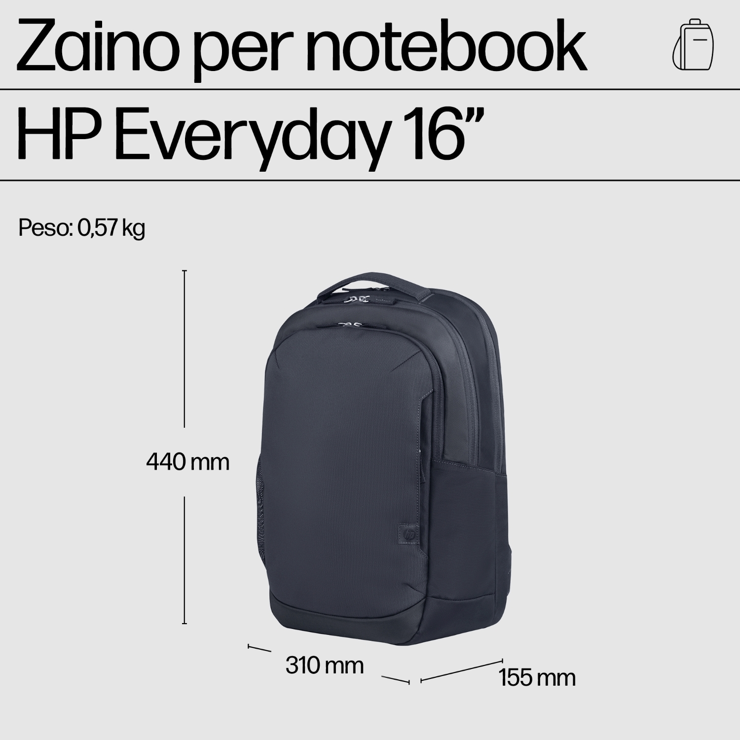 Zaino per notebook HP Everyday 16" blu navy, con dimensioni.