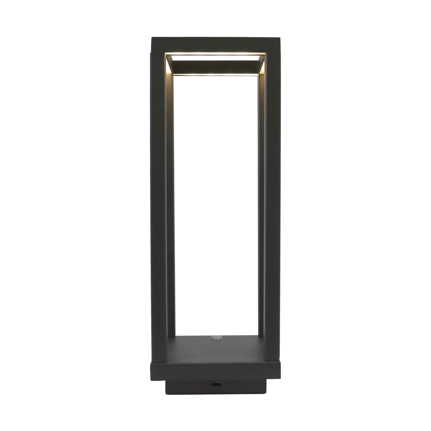 Lampada quadrata nera. Cornice rettangolare. Sfondo bianco. Luce superiore.
