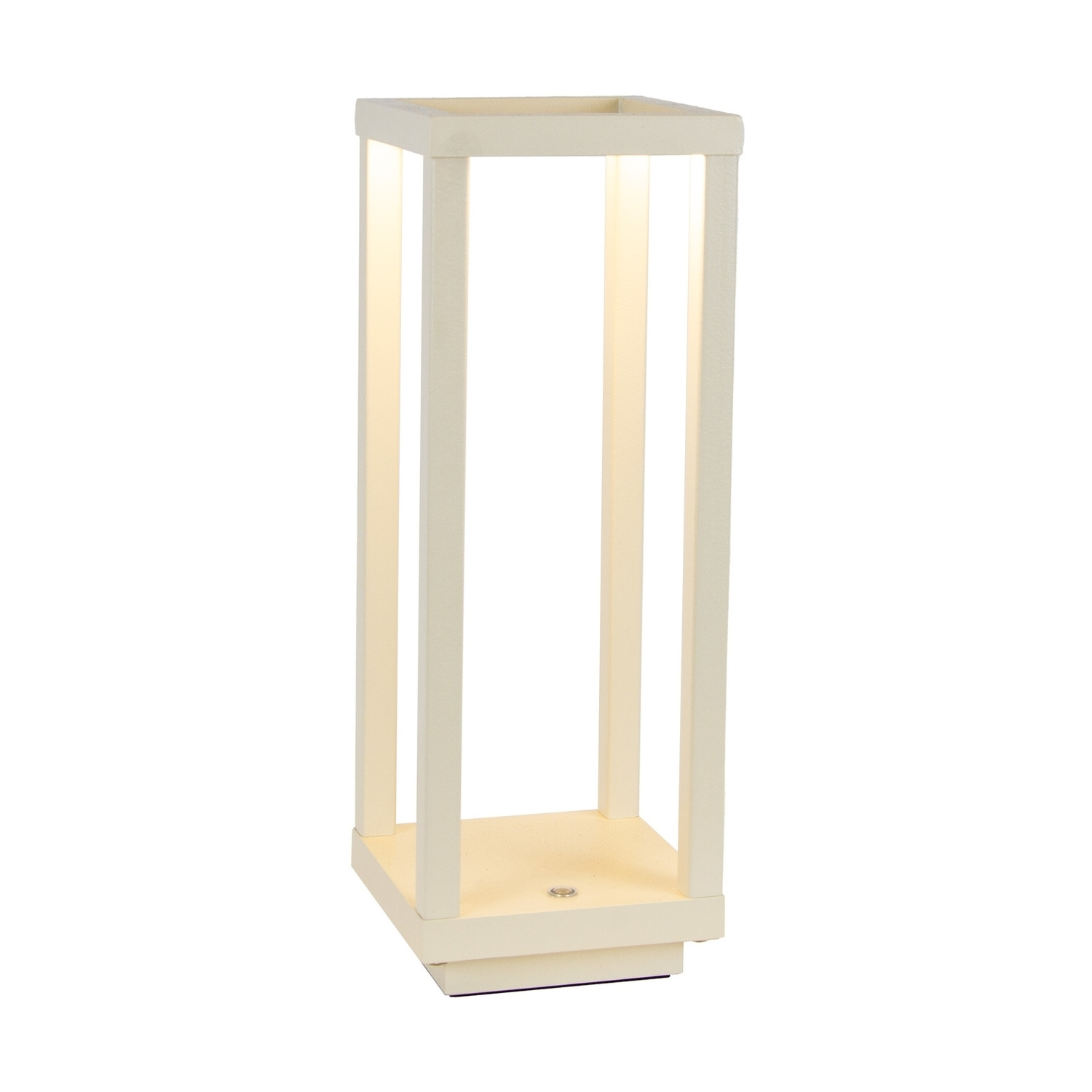 Una lampada alta color crema con base e cornice rettangolari, con luci verticali all'interno.