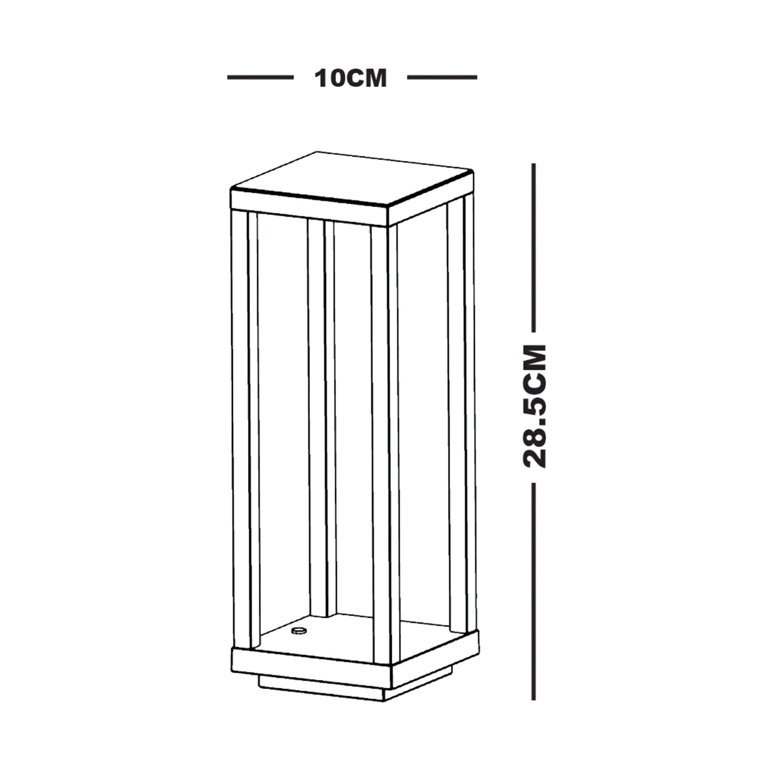 Una lampada da esterno nera e argento con dimensioni indicate. Un disegno a linea.