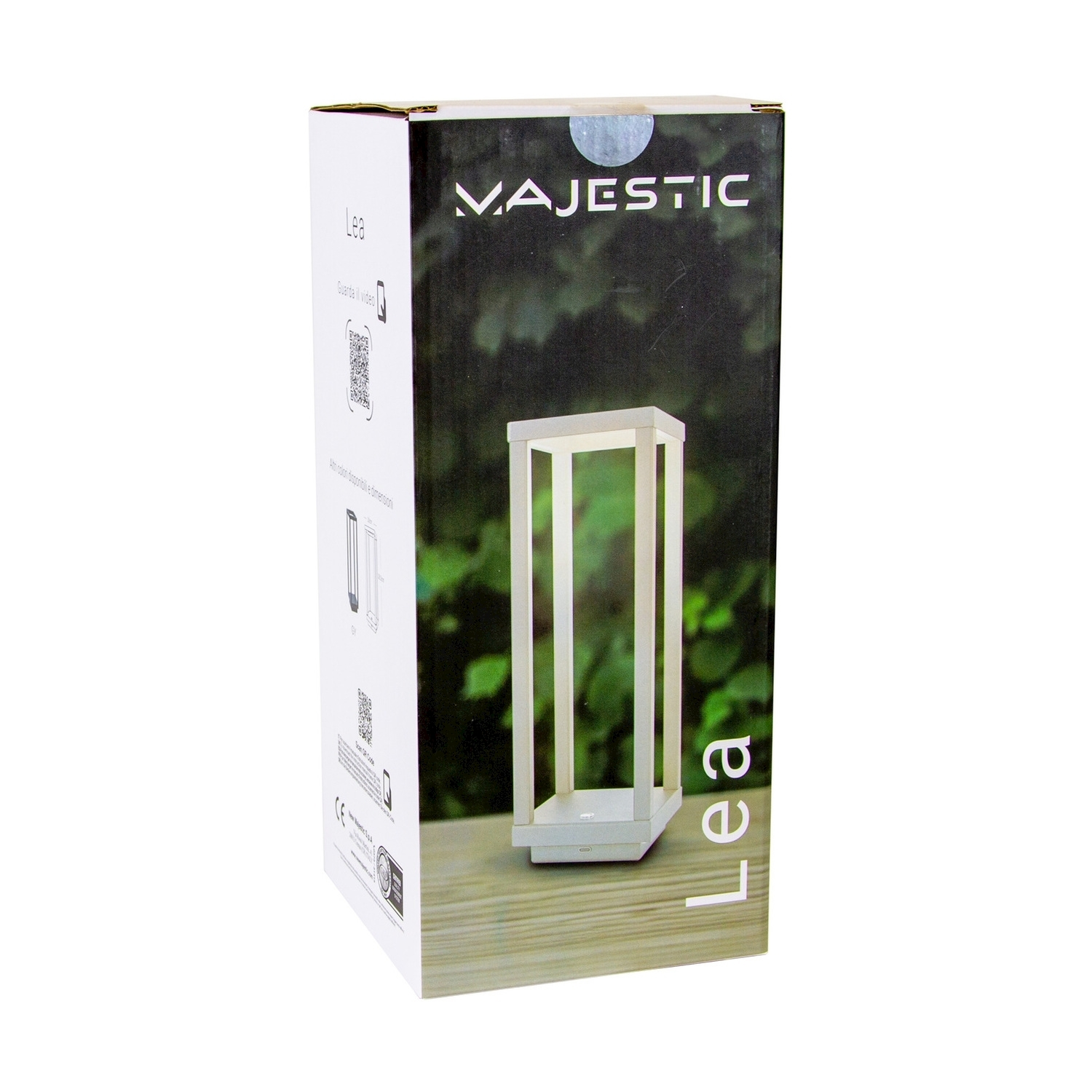 Una lampada alta e rettangolare in una scatola con la scritta MAJESTIC.