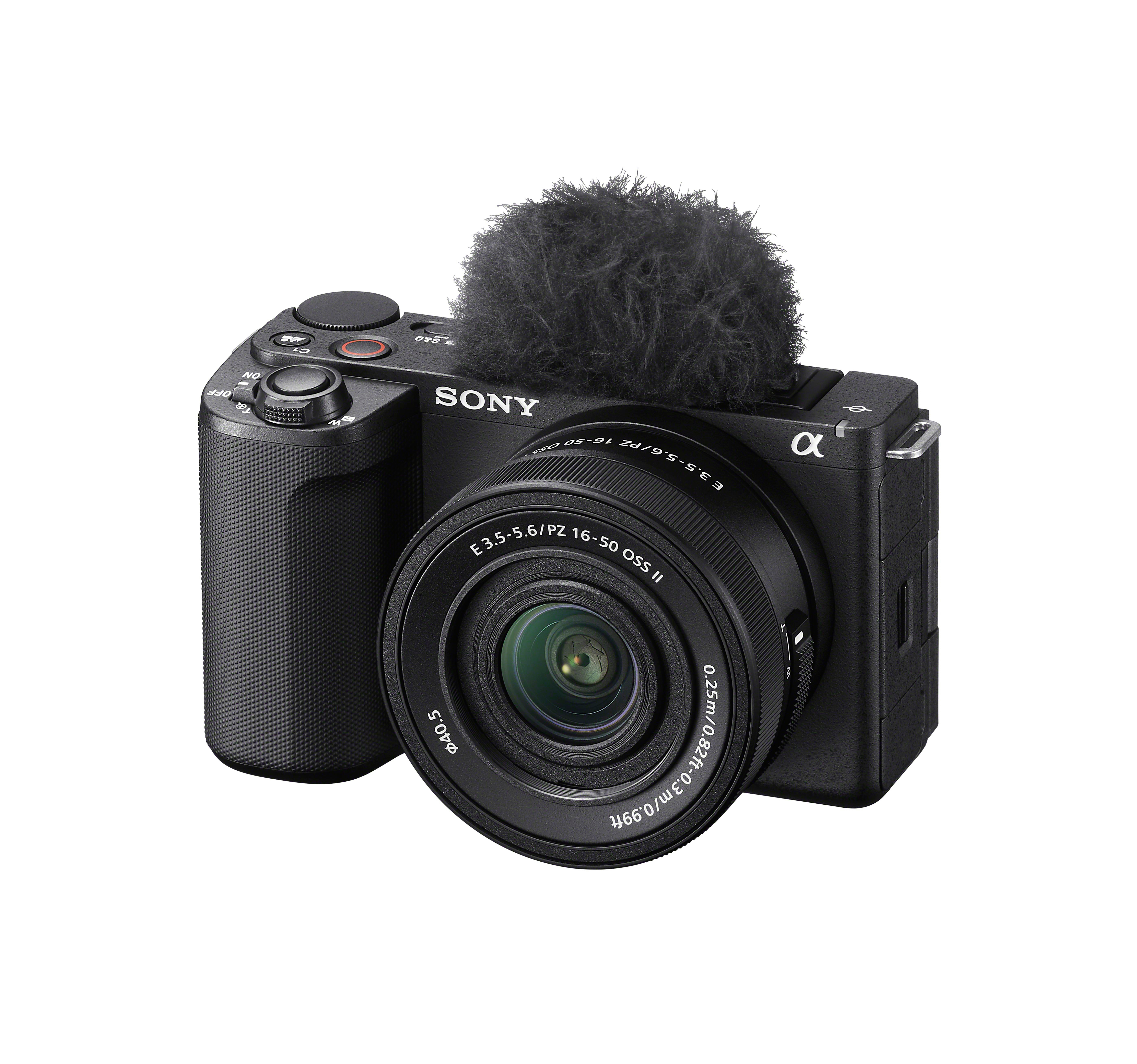 Schwarze Sony Kamera mit Mikrofon, auf weißem Hintergrund.