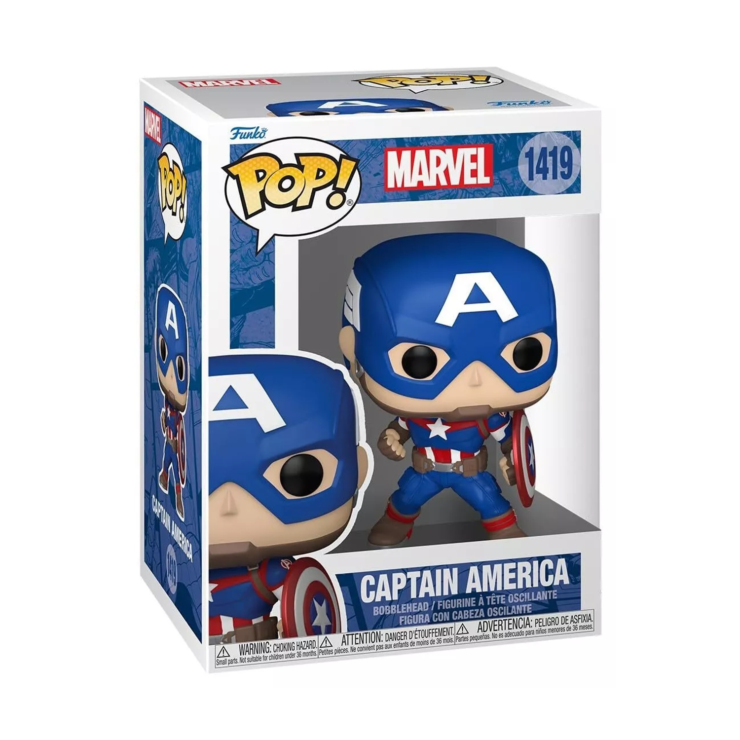 Figura Funko Pop di Captain America in una scatola. Dominano i colori blu e rosso.