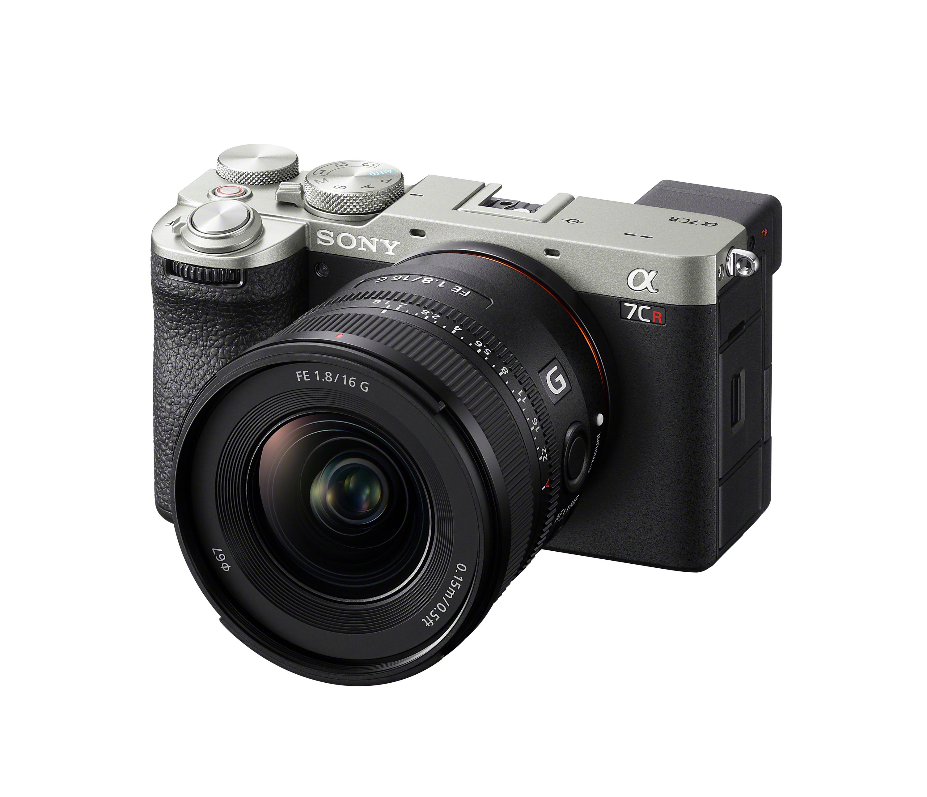 Una fotocamera argento e nera con obiettivo su sfondo bianco.