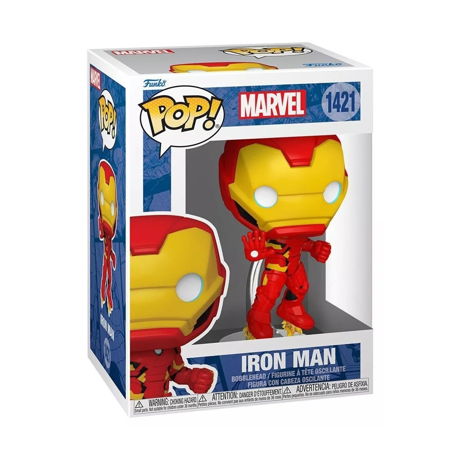 Una statuetta Funko Pop di Iron Man nella sua scatola.