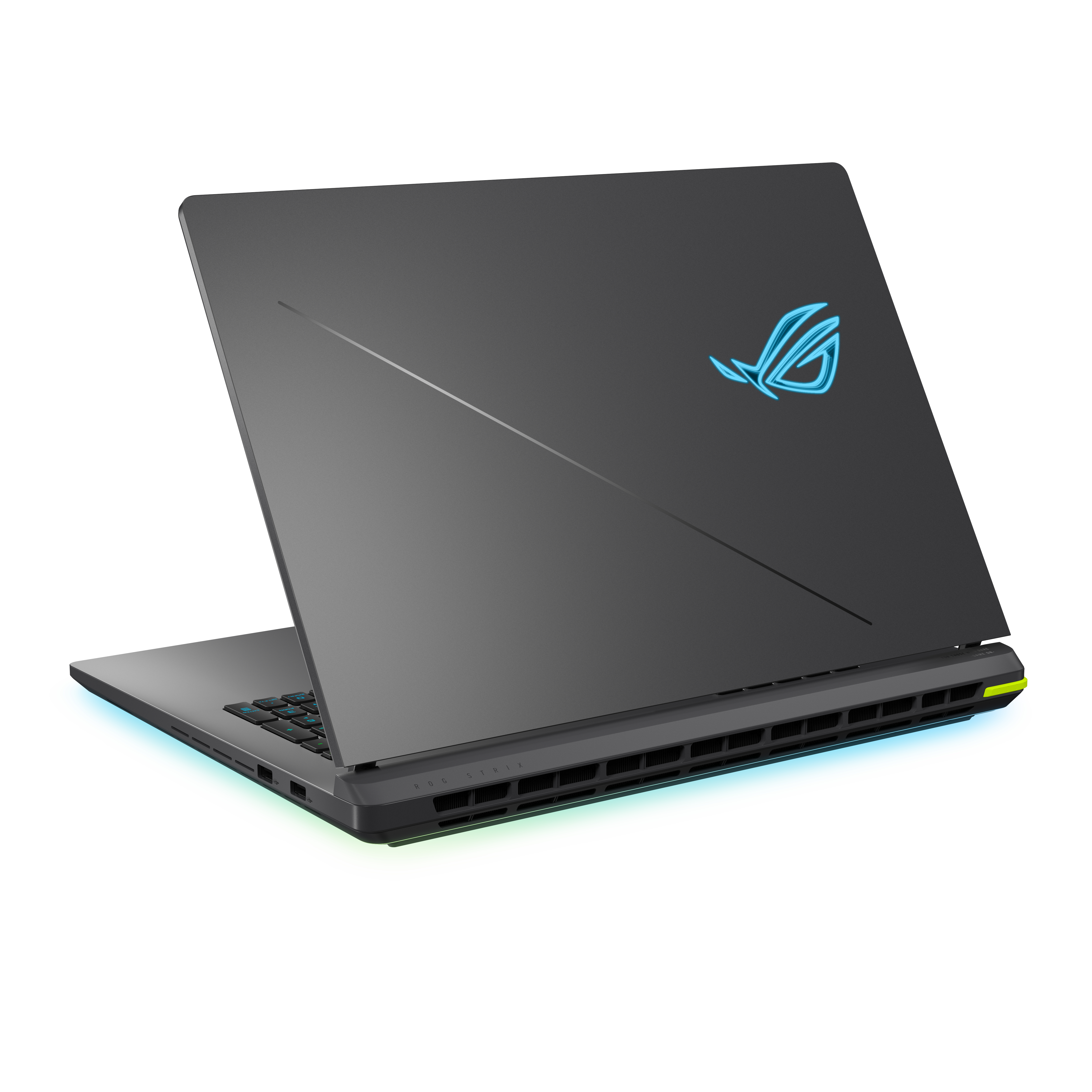 Die Rückseite eines dunkelgrauen Laptops mit leuchtendem Logo.