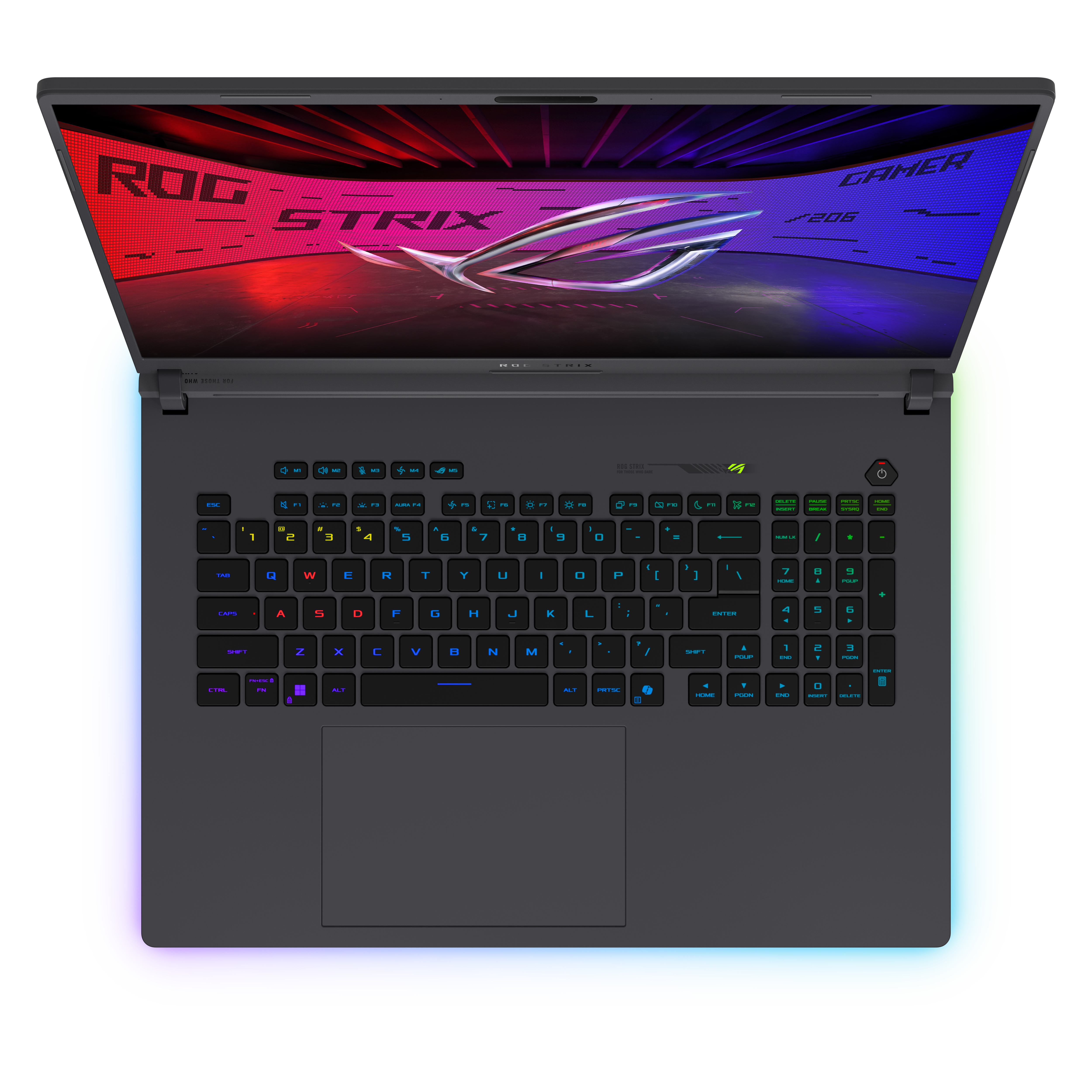 Laptop, offen, Draufsicht. Schwarz mit RGB-Beleuchtung, Tastatur sichtbar. Rot/Blau Hintergrund.