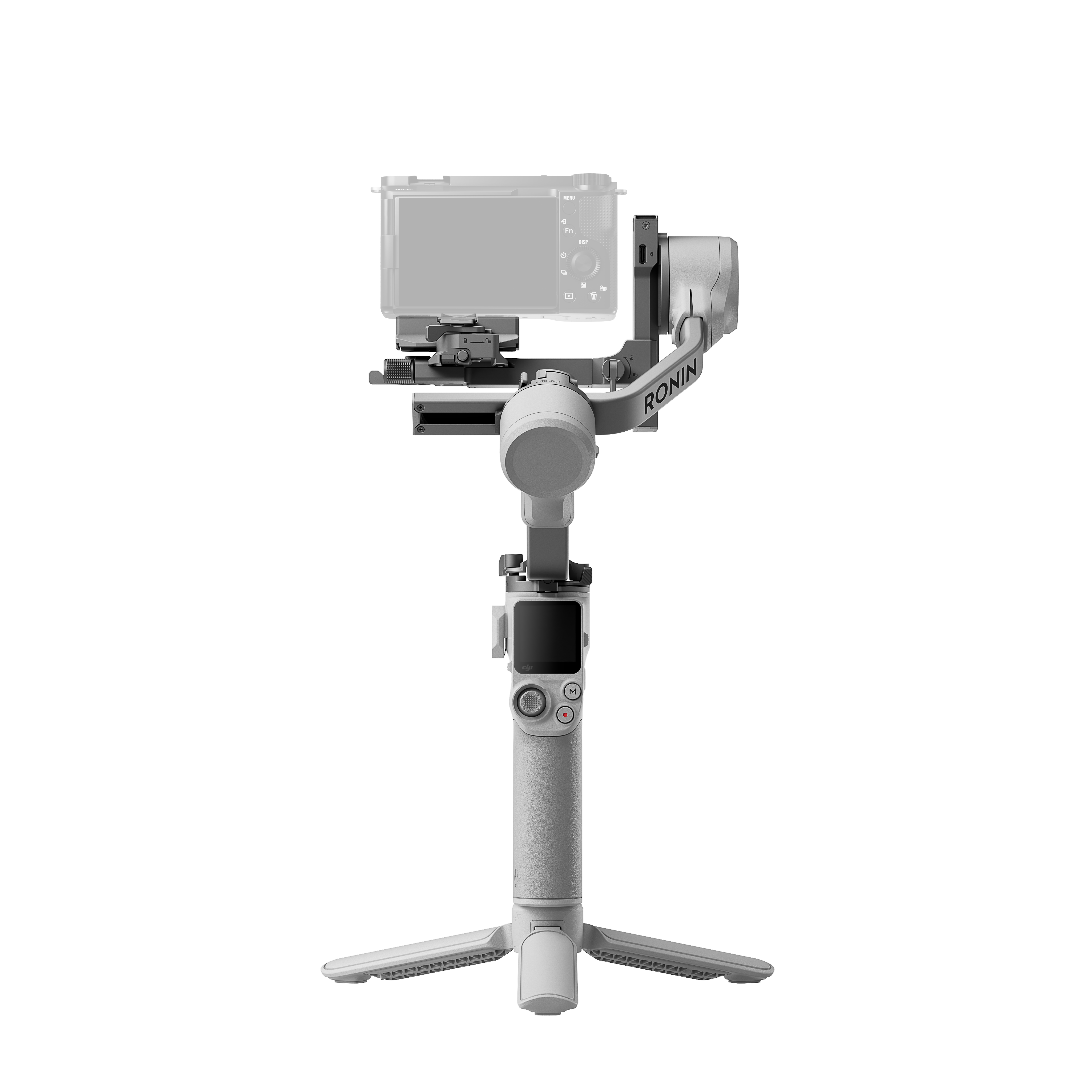 Kamera takılı beyaz bir Ronin gimbal.