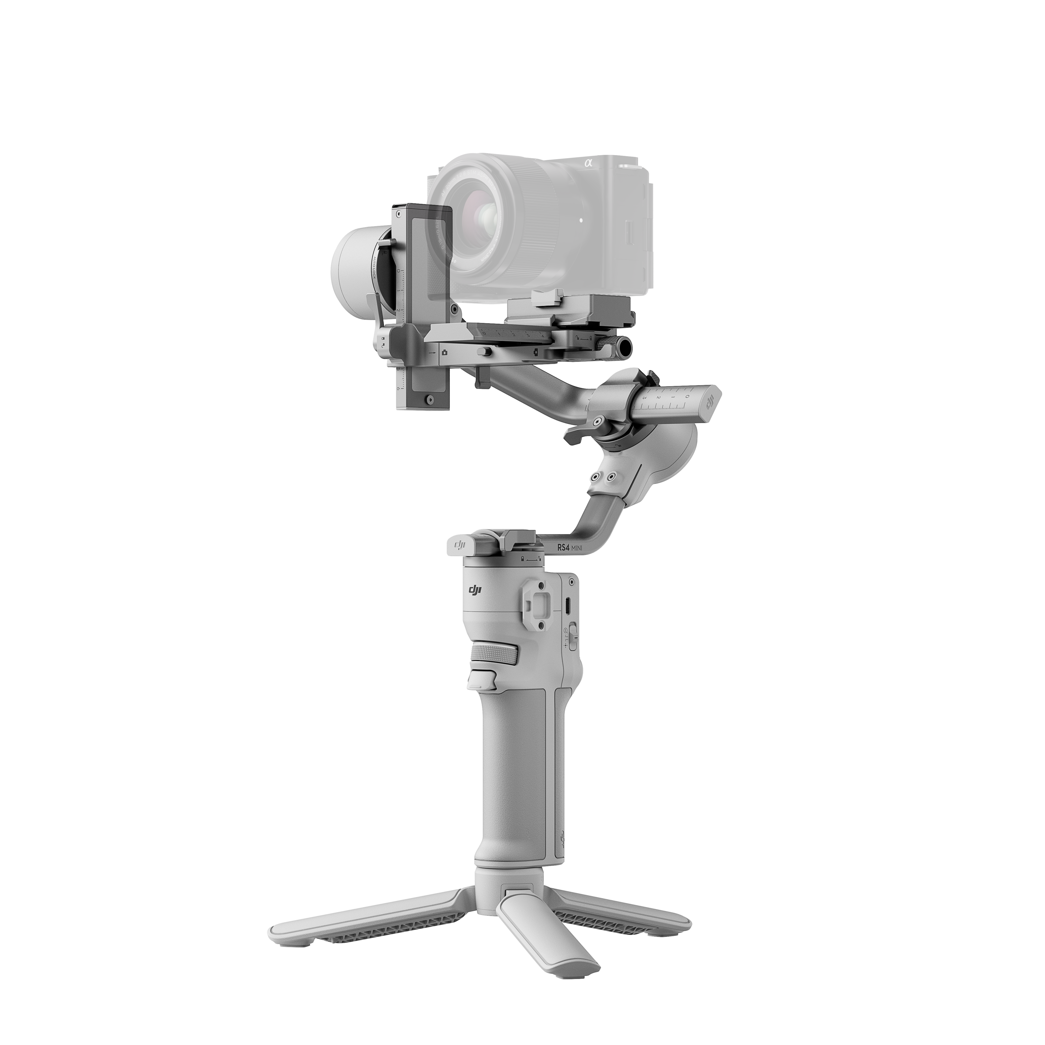 Siyah arka planda, siyah bir kameraya takılı beyaz bir gimbal sabitleyici. Gimbal'ın tripod tabanı var.