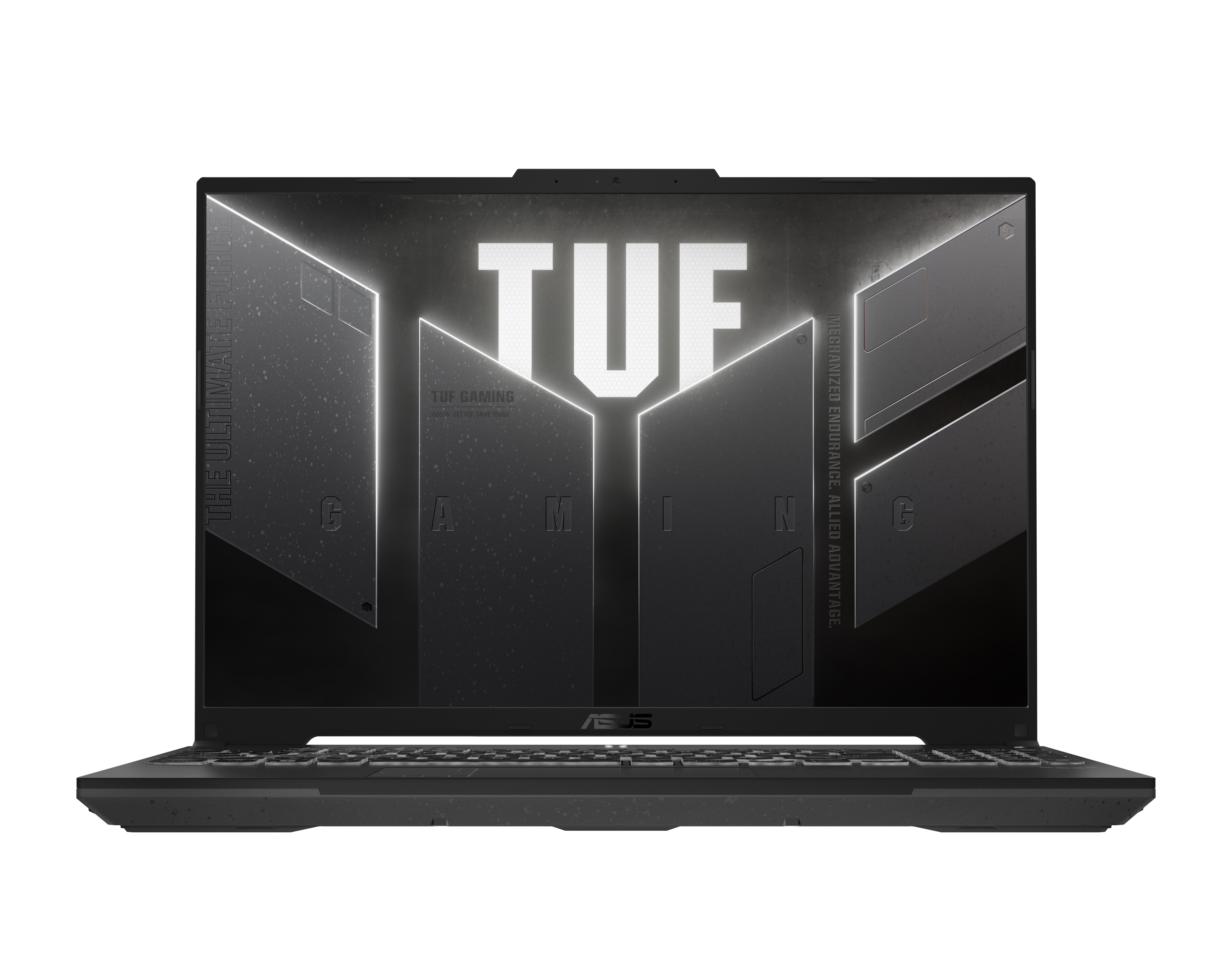 Siyah ve gri bir Asus TUF oyun dizüstü bilgisayarı.
