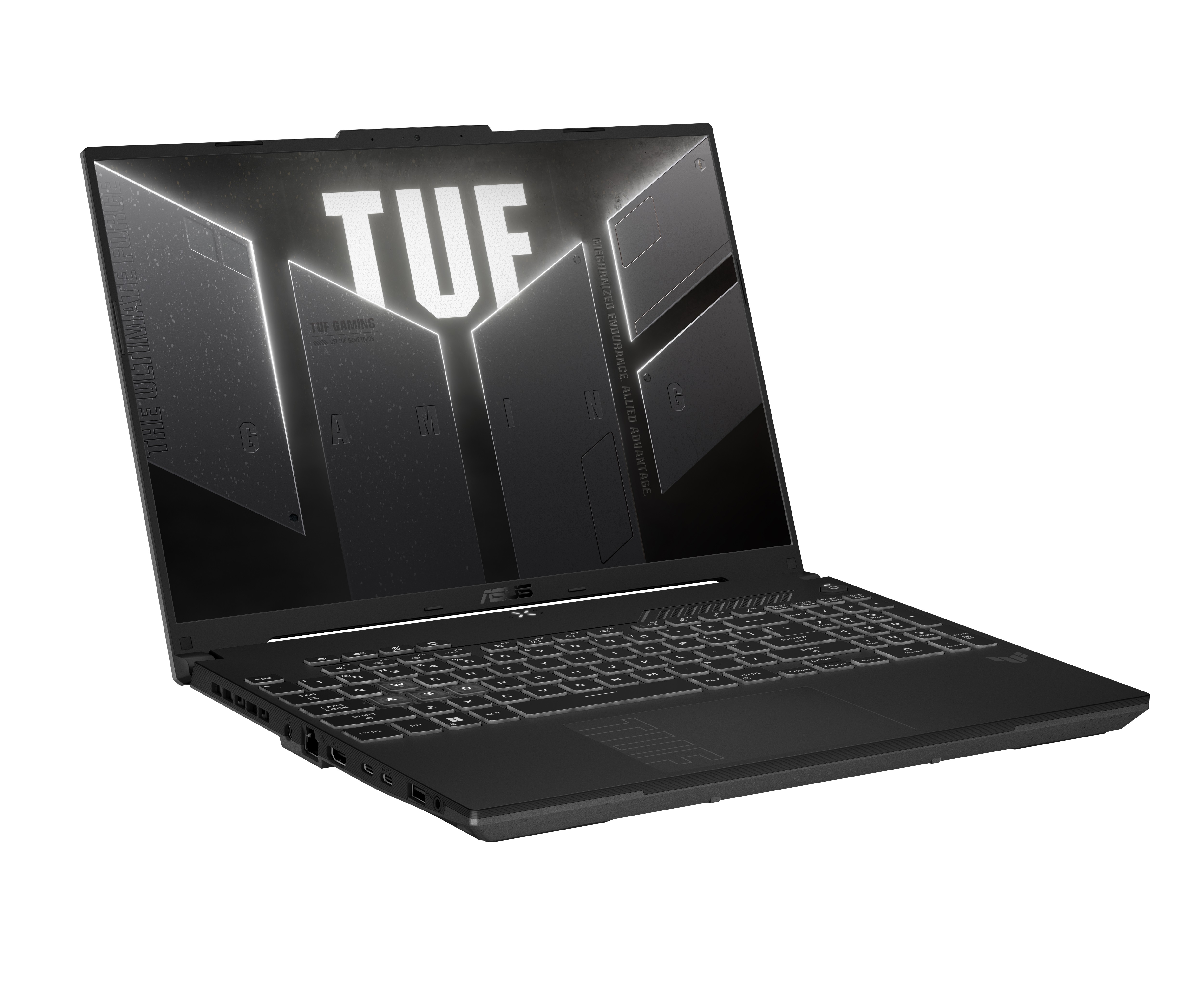 Siyah dizüstü bilgisayar açık, aydınlatmalı klavye, beyaz zemin. Ekranda ASUS TUF logosu.