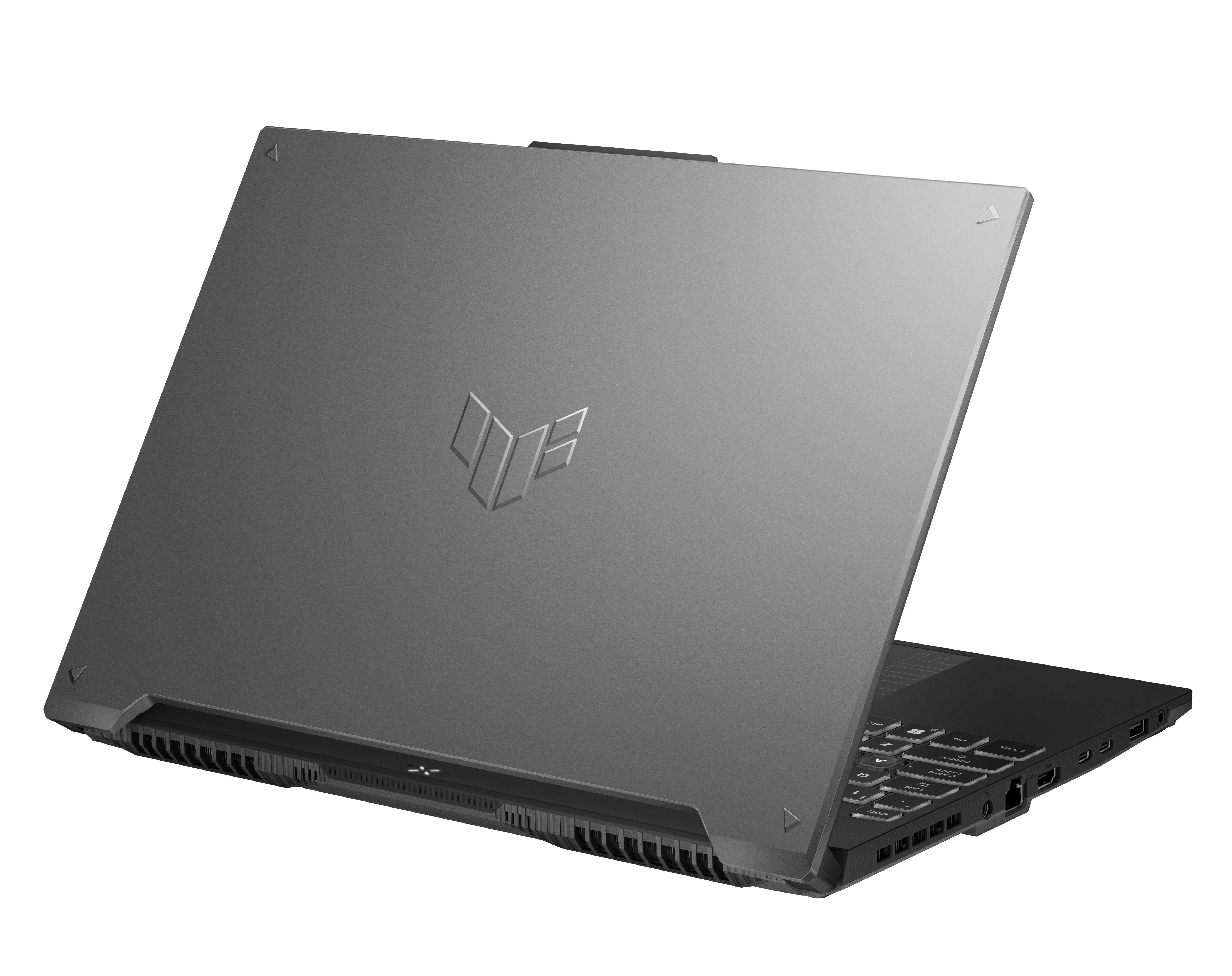 Asus TUF logosu bulunan gri bir dizüstü bilgisayarın arka görünümü. Dizüstü bilgisayar hafifçe açık.