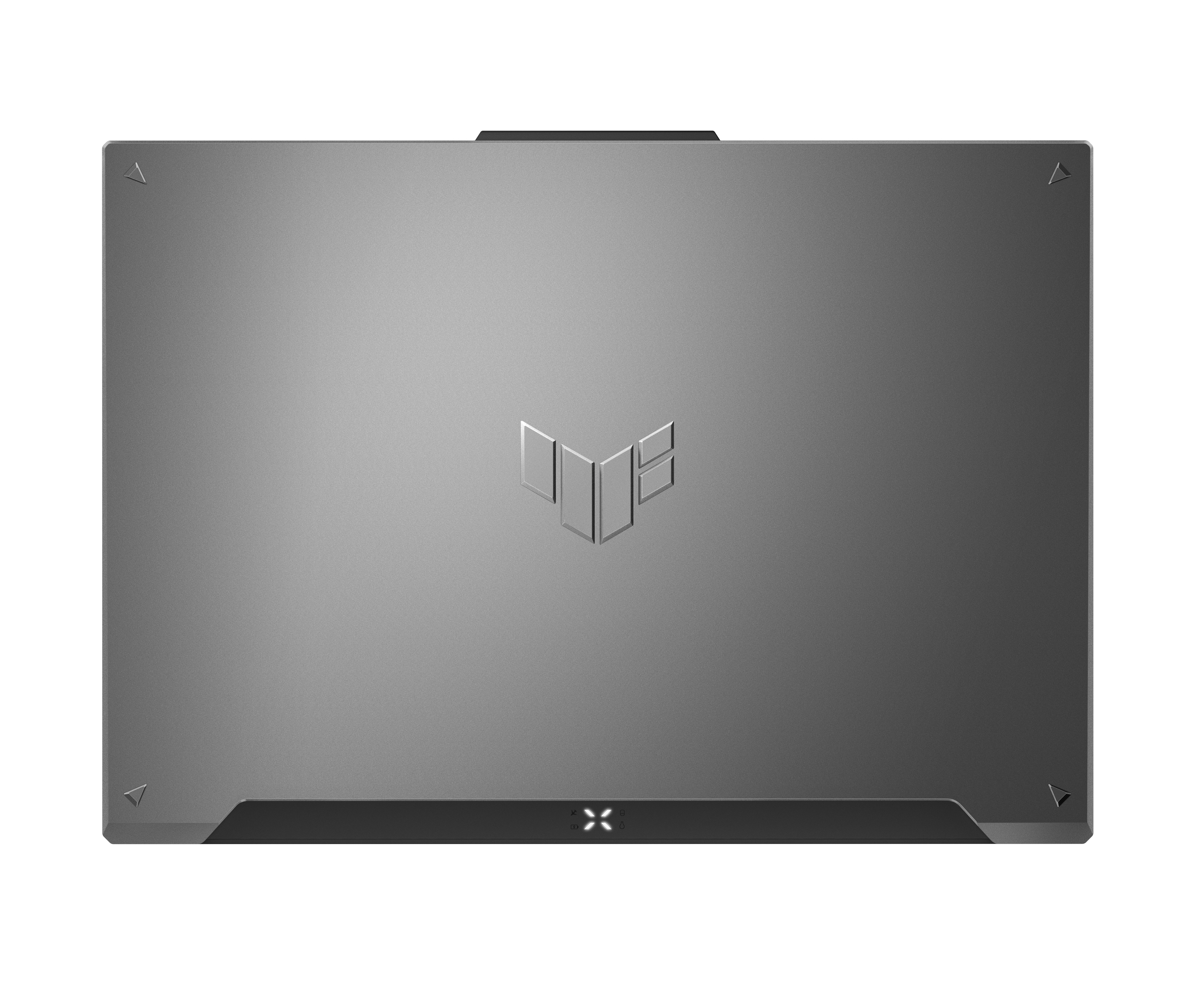 Ortasında logo bulunan gümüş laptop kapağı. Siyah çerçeve.
