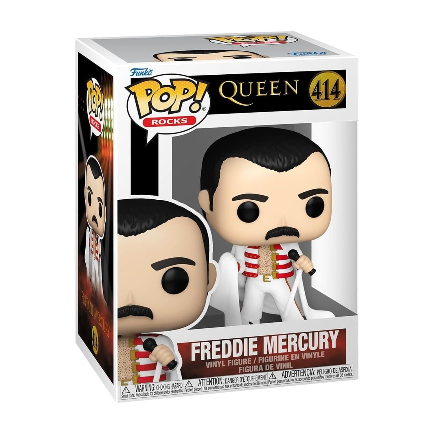 Una figura Funko Pop di Freddie Mercury. La figura è in una scatola con il logo dei Queen.