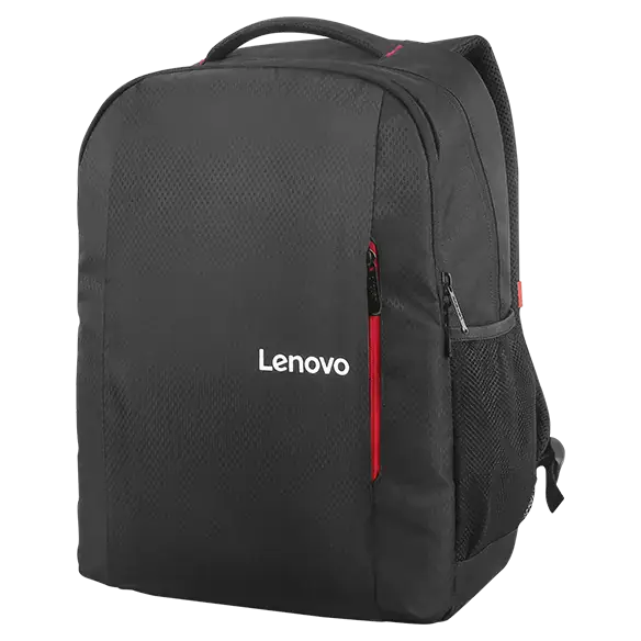 Mochila negra con detalles rojos y logo de Lenovo.