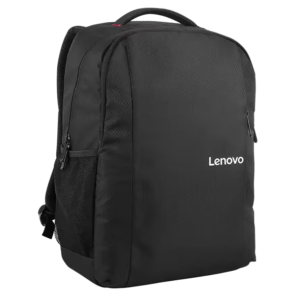 Mochila negra Lenovo con logo blanco y bolsillo lateral de malla.