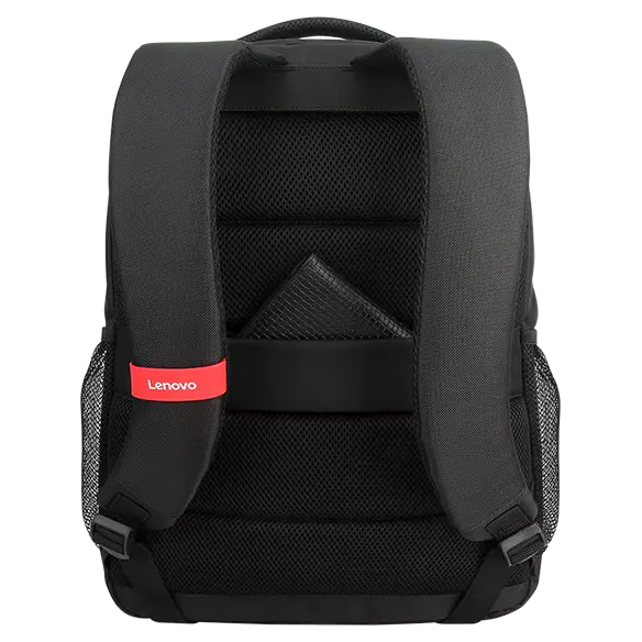 Vista trasera de mochila negra con logo rojo de Lenovo. Correas acolchadas.