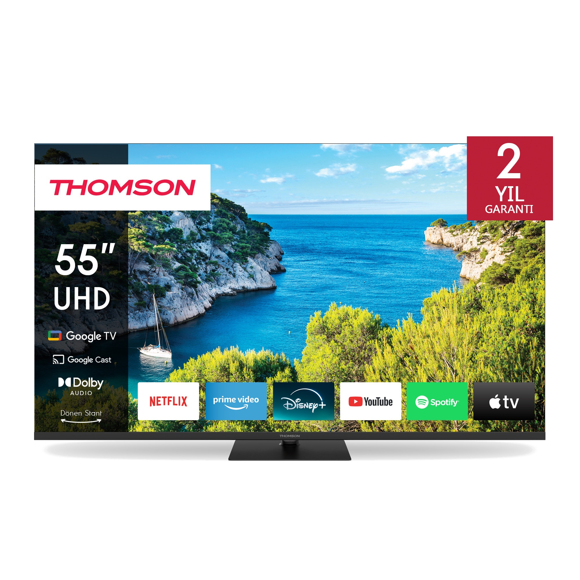 Thomson 55" UHD TV, tekneyle bir sahil sahnesi gösteriyor. Akış uygulaması logolarını içerir.