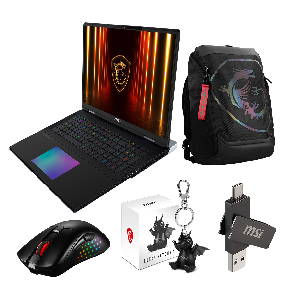 Una colección de accesorios gaming MSI: portátil, mochila, ratón, llavero, unidad USB y adaptador USB-C.