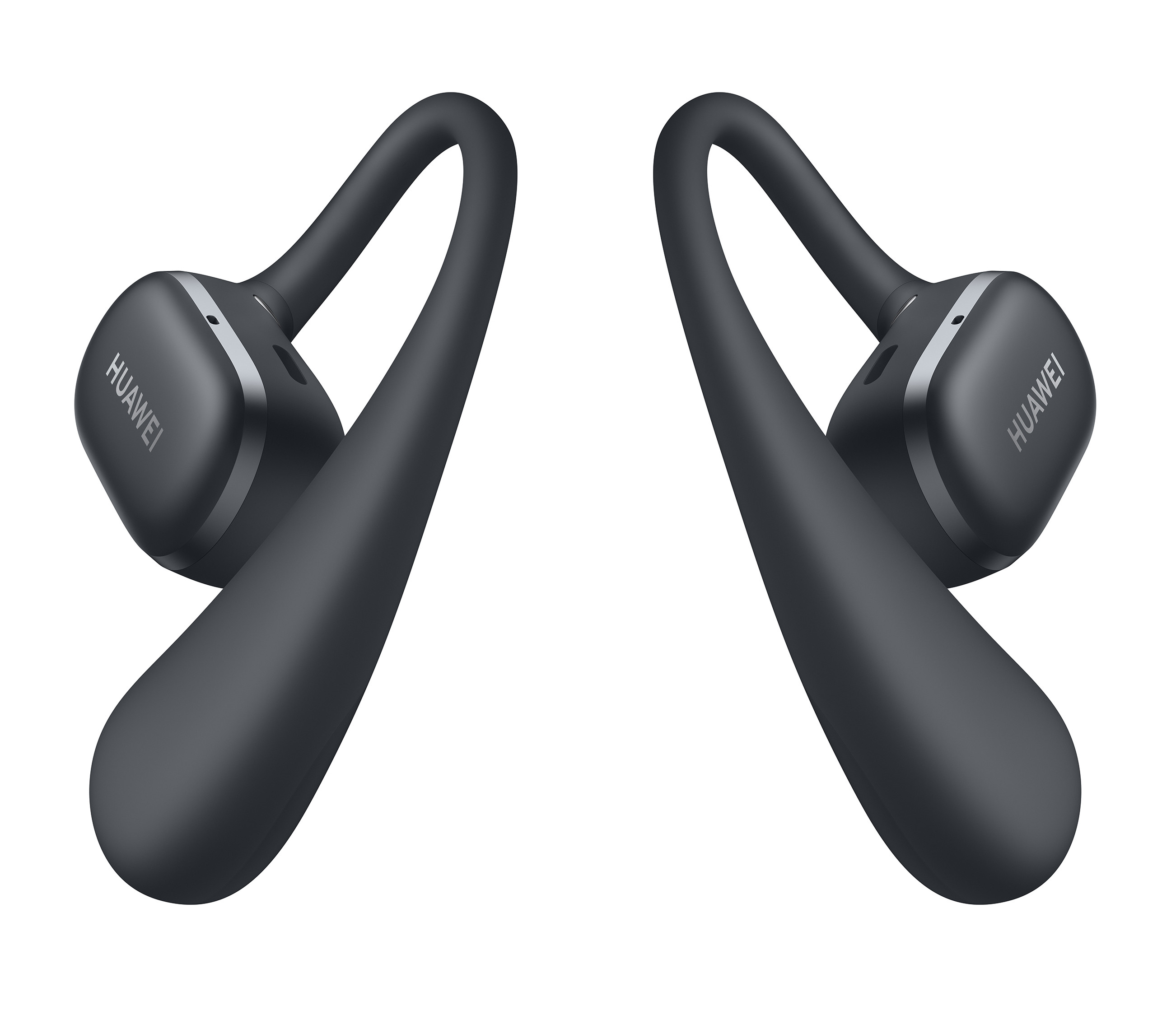 Czarne słuchawki Huawei z zakrzywionymi haczykami i słowem Huawei na każdym.