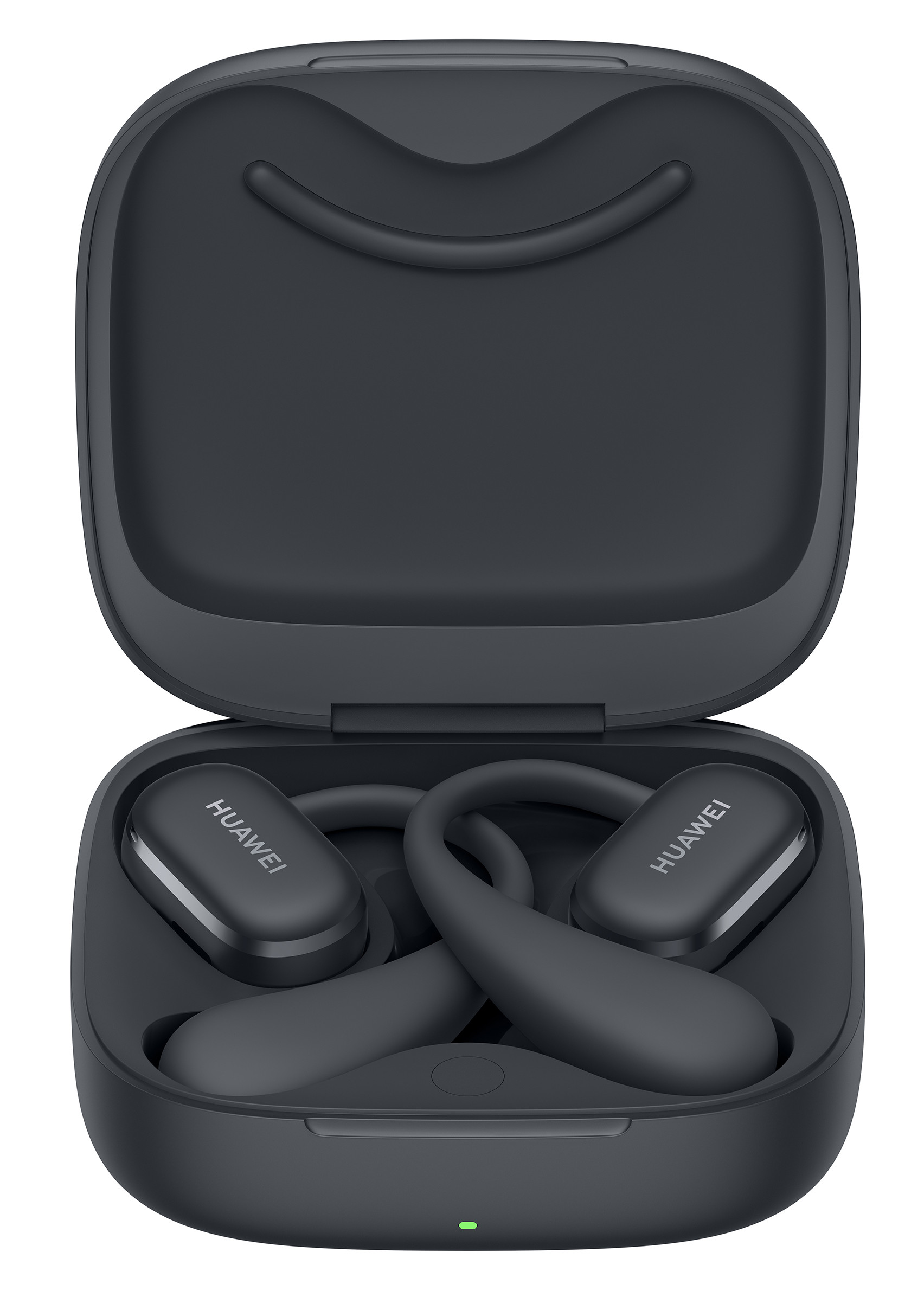 Ciemnoszare słuchawki HUAWEI w otwartym, ciemnoszarym etui ładującym.