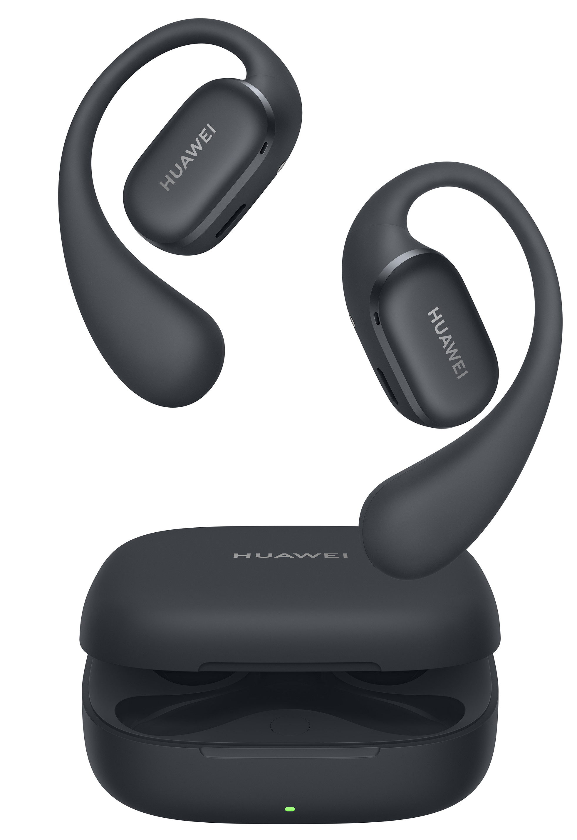 Para ciemnoszarych słuchawek dousznych z zaczepami na uszy i etui ładującym z logo HUAWEI.