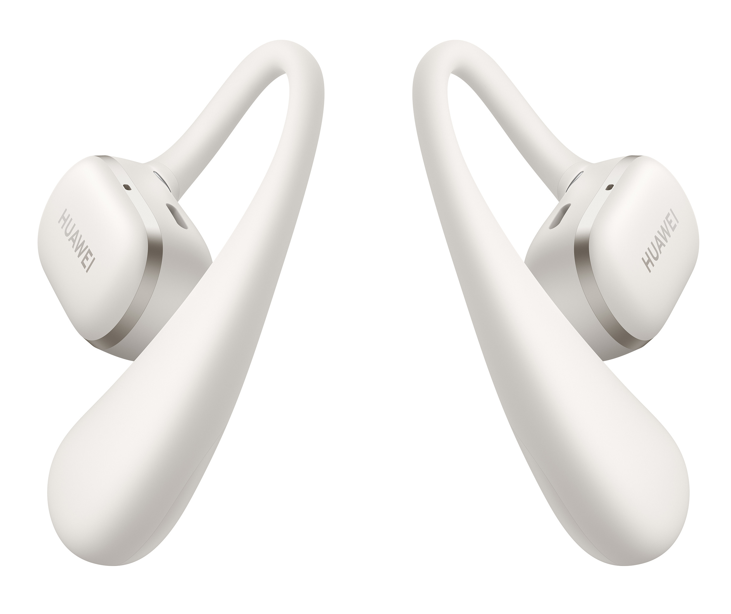 Białe słuchawki Huawei o zakrzywionej konstrukcji, na białym tle.