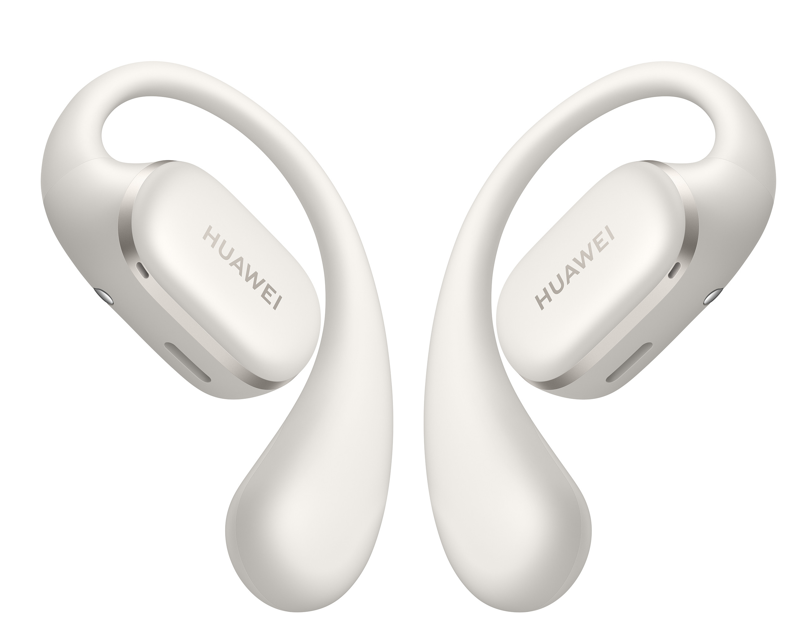 Białe słuchawki Huawei. Mają zakrzywioną konstrukcję, aby pasowały wokół ucha.