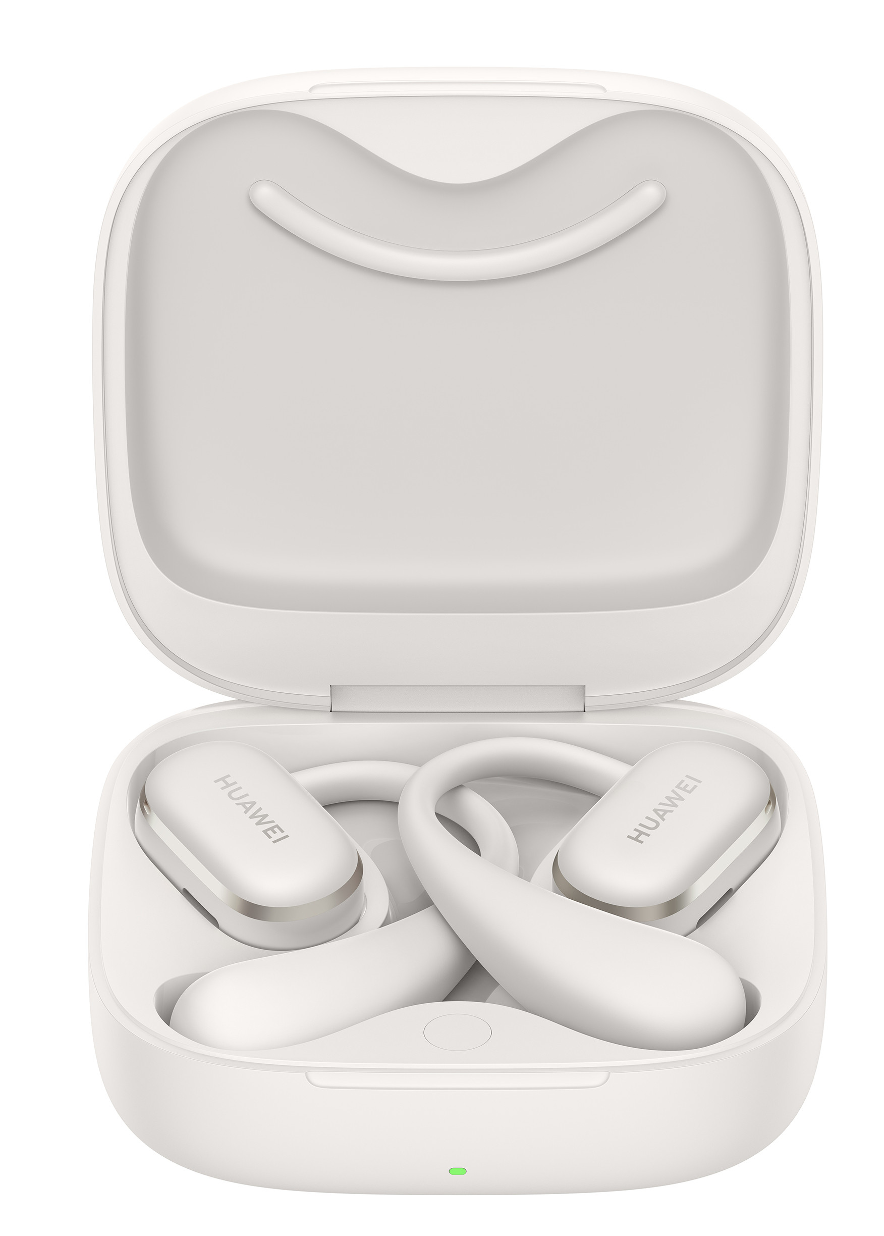 Otwarta biała obudowa słuchawek Huawei z dwoma białymi słuchawkami w środku.
